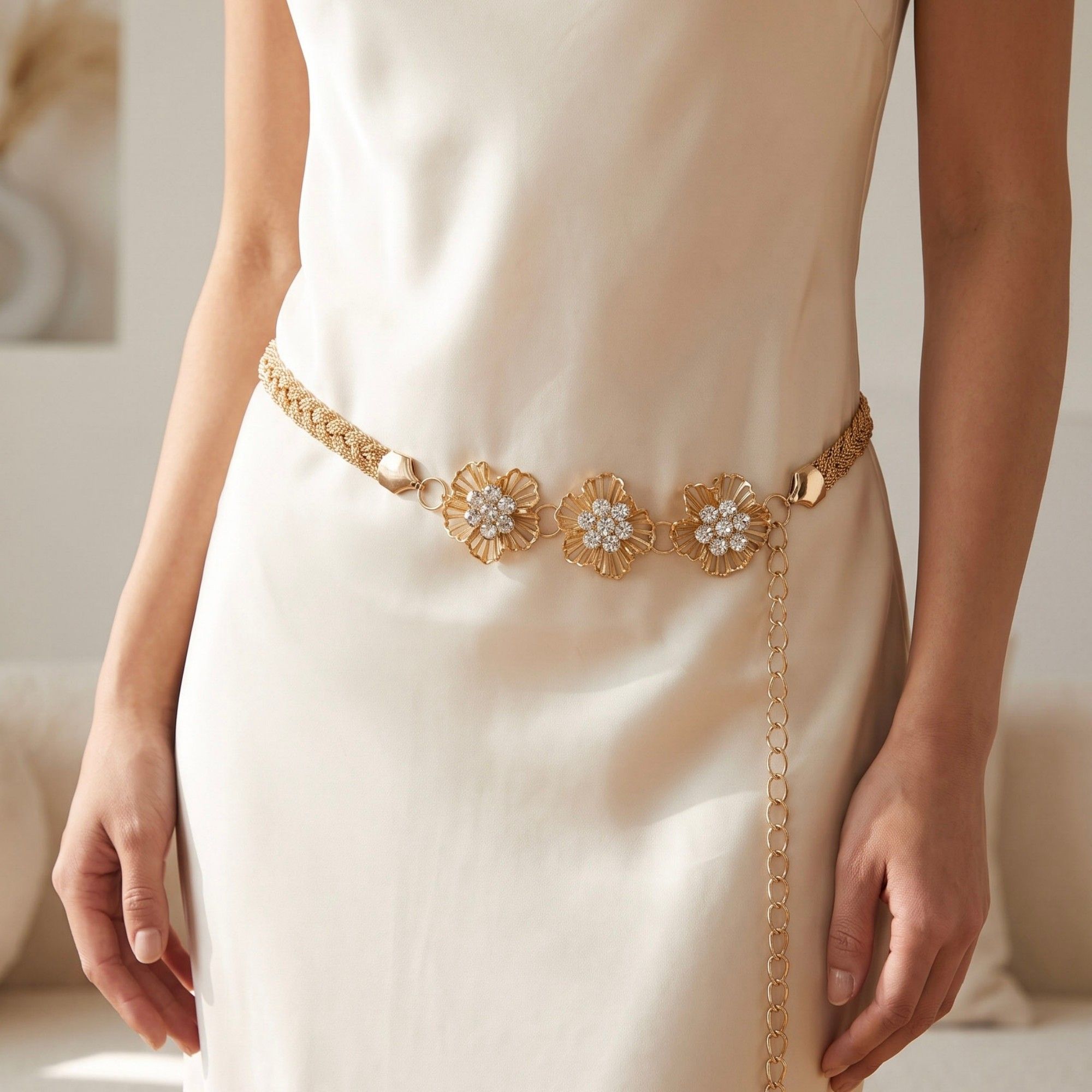 Triple Floral Braided Metal Waist Belt Adjustable Vintage Floral Statement Waist Jewelry 43.3in