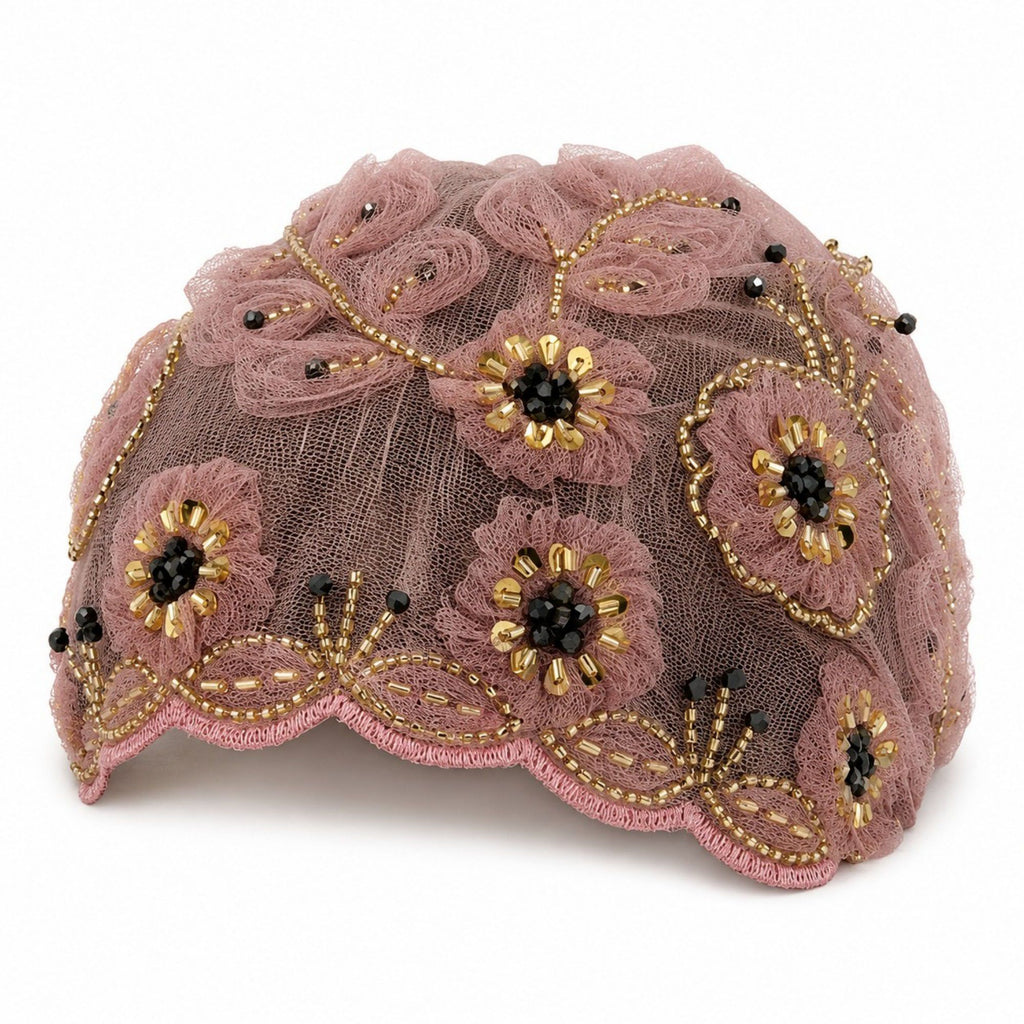 Floral Beaded Mesh Cloche Cap with Scalloped Trim