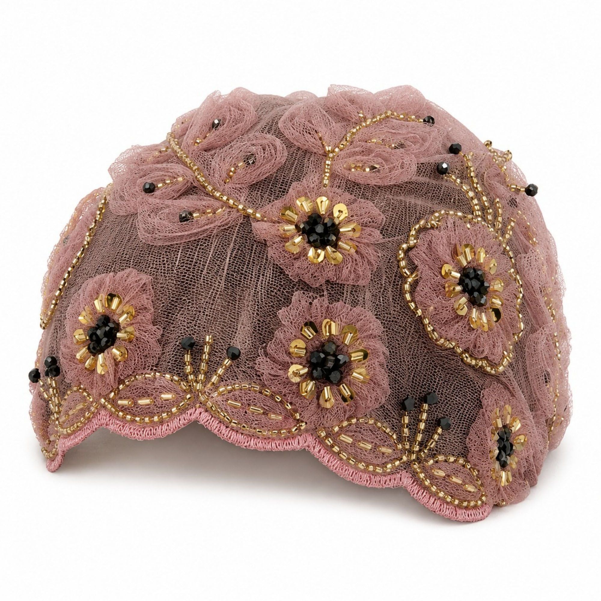 Floral Beaded Mesh Cloche Cap with Scalloped Trim