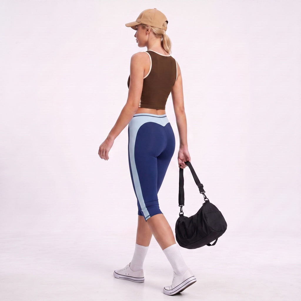 Colorblock High Waist Capri Leggings Fitted Cropped Yoga Pants for Running Gym Training