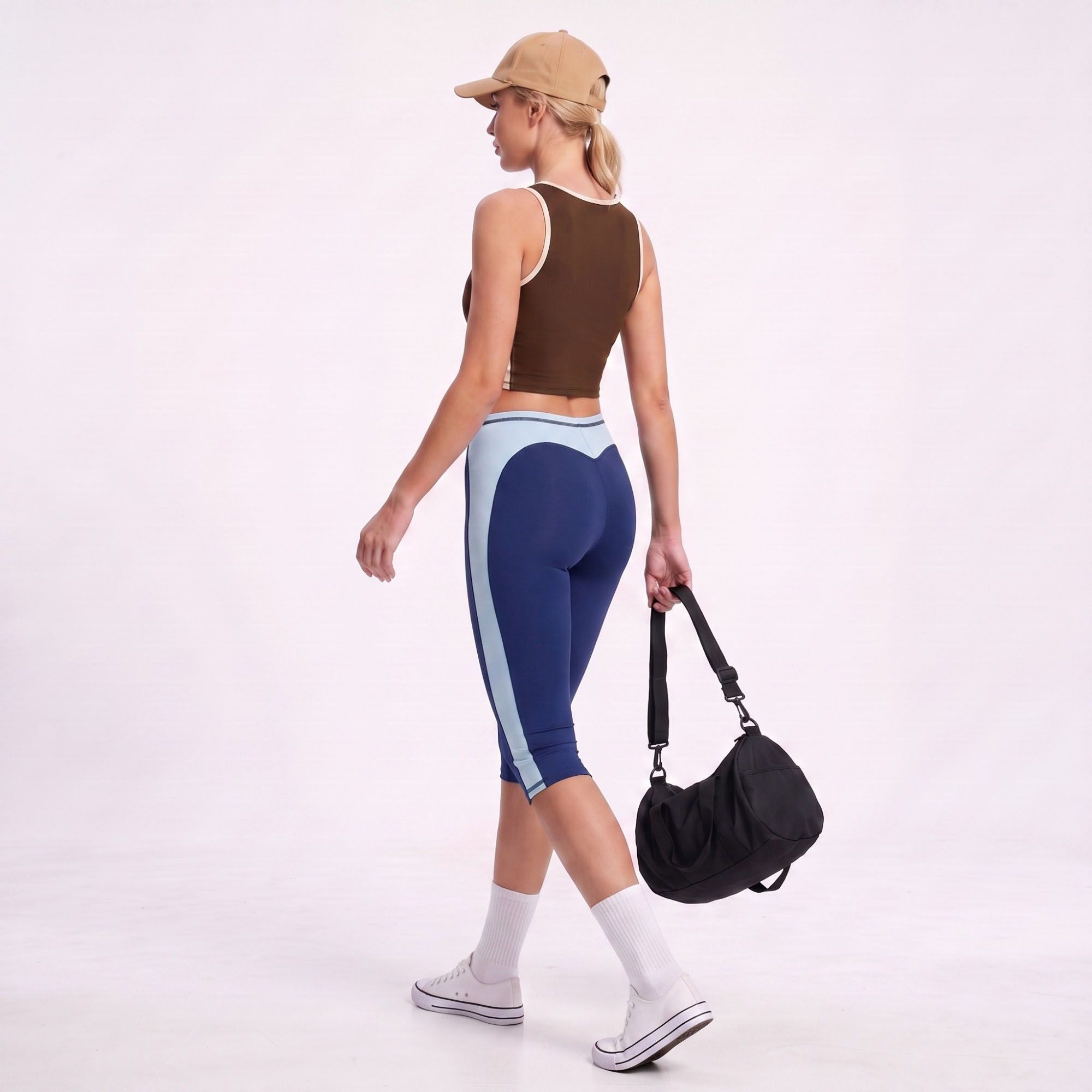 Colorblock High Waist Capri Leggings Fitted Cropped Yoga Pants for Running Gym Training
