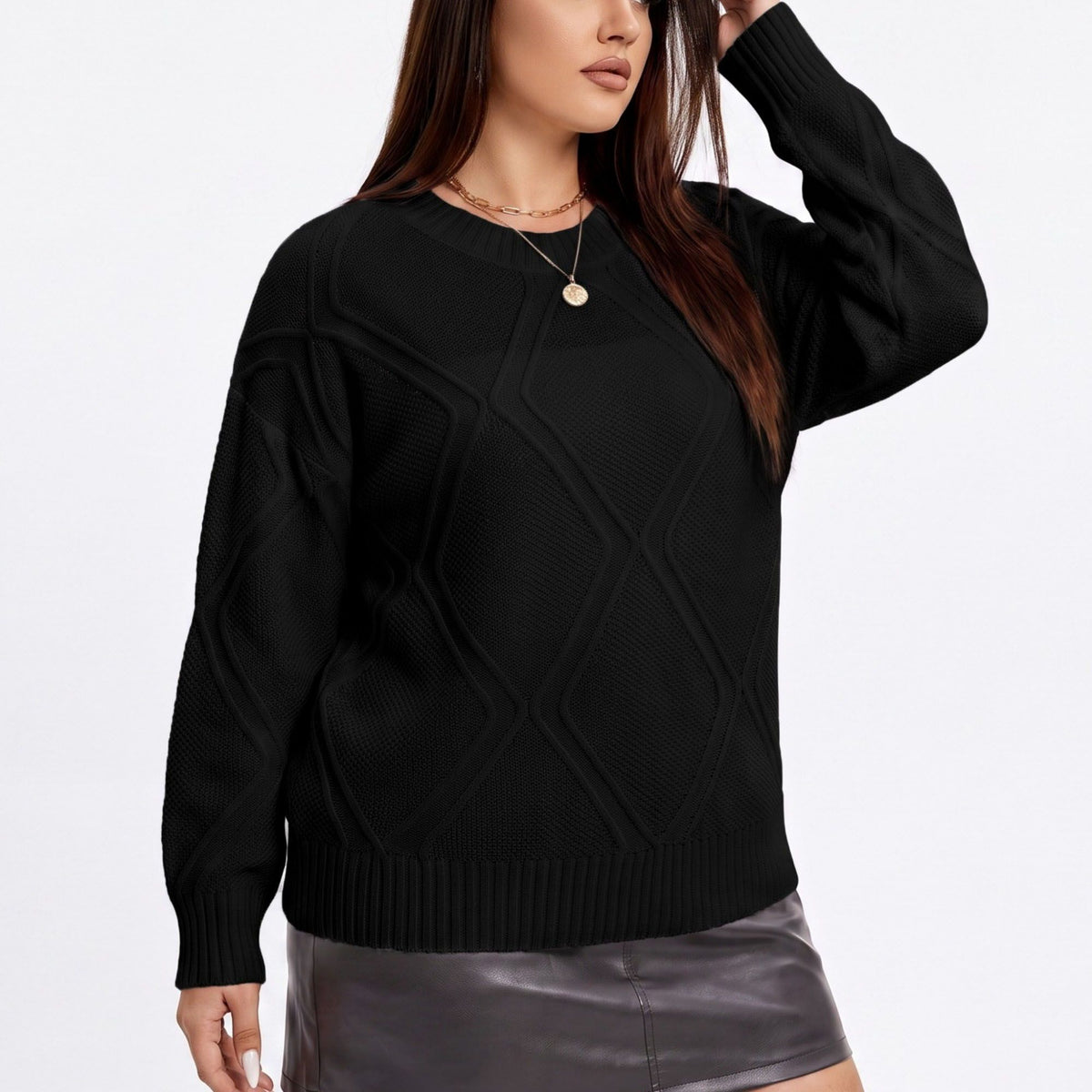 Plus Size Geometric Textured Crewneck Sweater