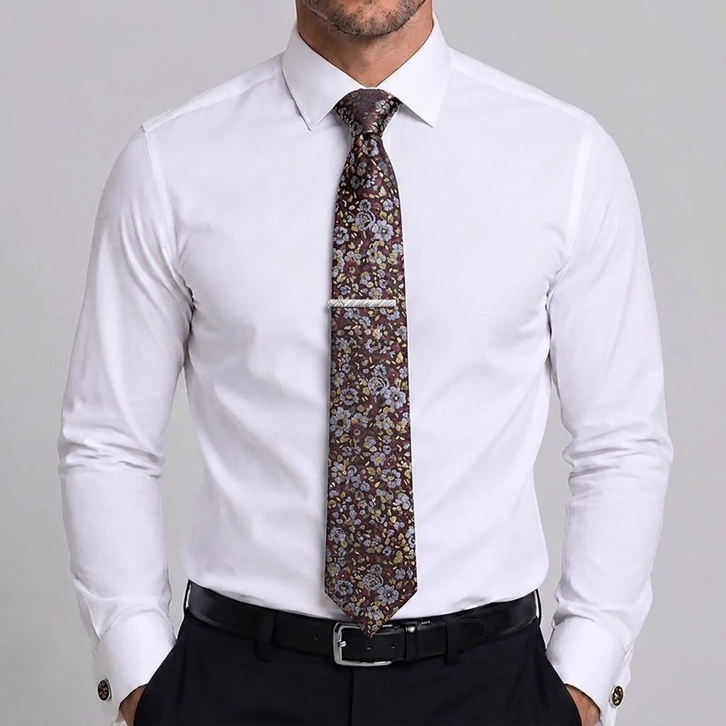 Men's Floral Pattern Tie Gift Set with Matching Pocket Square Cufflinks and Silver Tie Clip