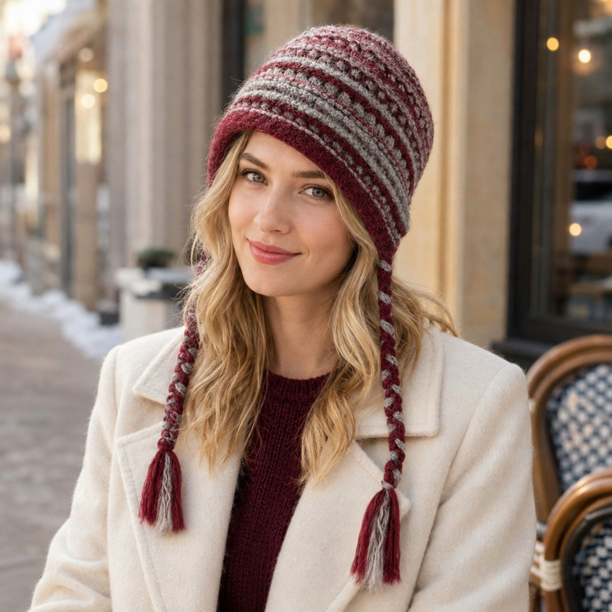 Patterned Knit Beanie with Braided Tassels