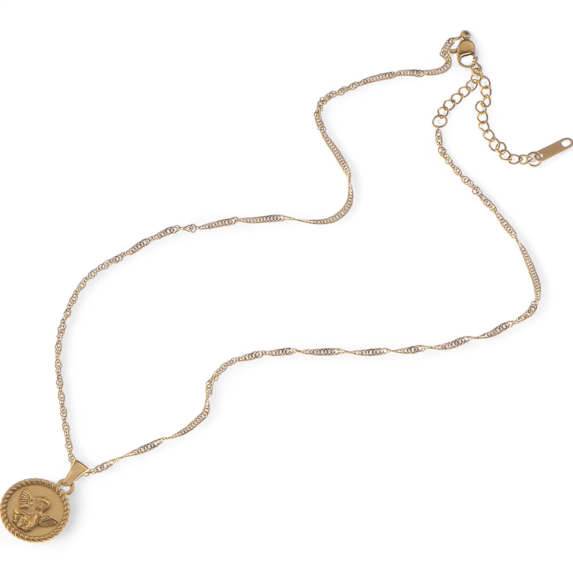 Women's Gold Tone Angel Medallion Pendant Fashion Necklace with Twisted Rope Chain