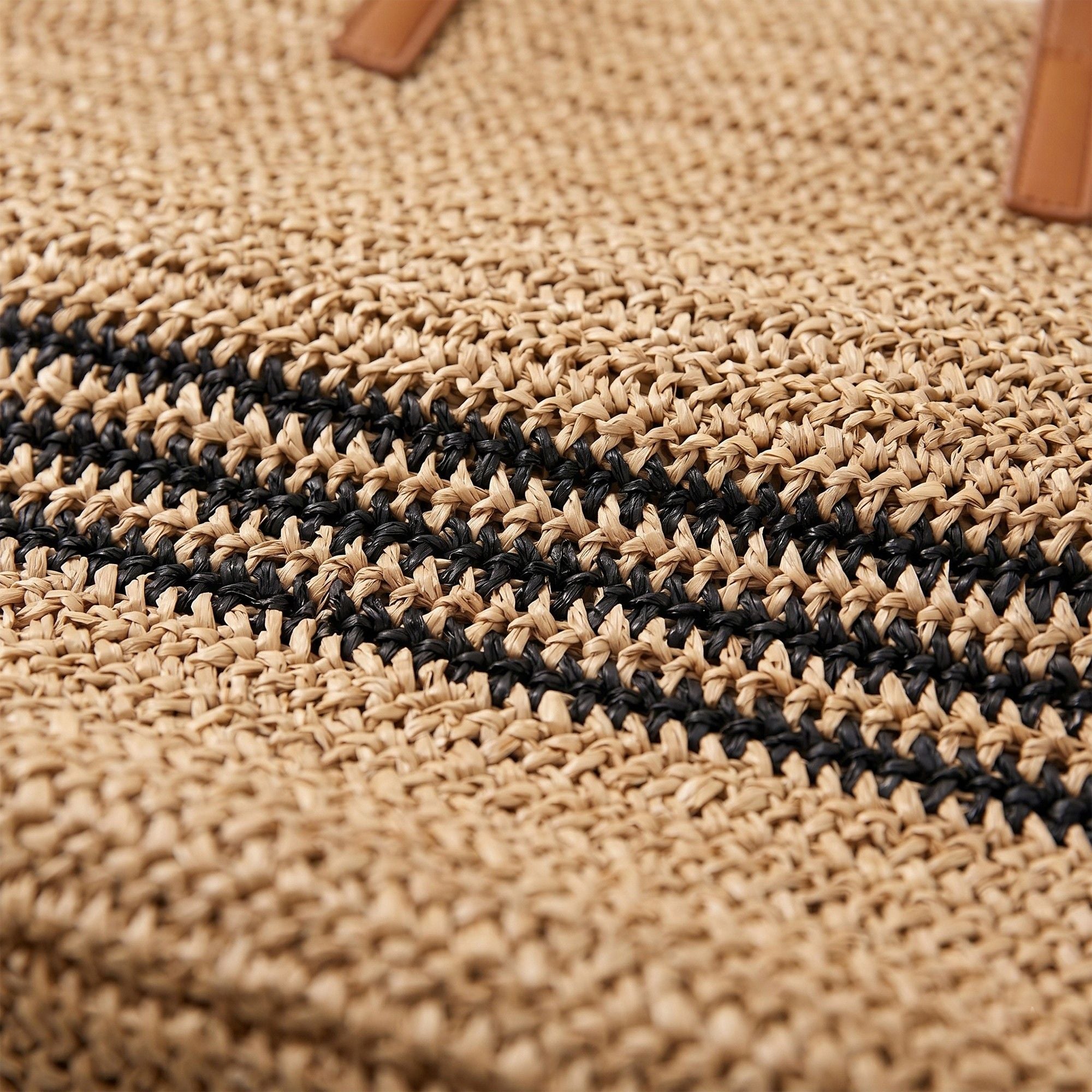 Woven Crochet Tote Bag with Striped Pattern Leather Shoulder Strap Lightweight Large Capacity Handbag