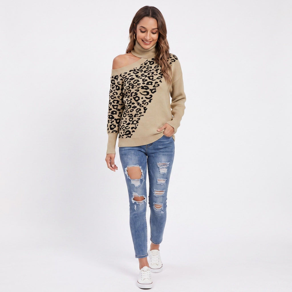 Leopard Print Cold Shoulder Turtleneck Sweater