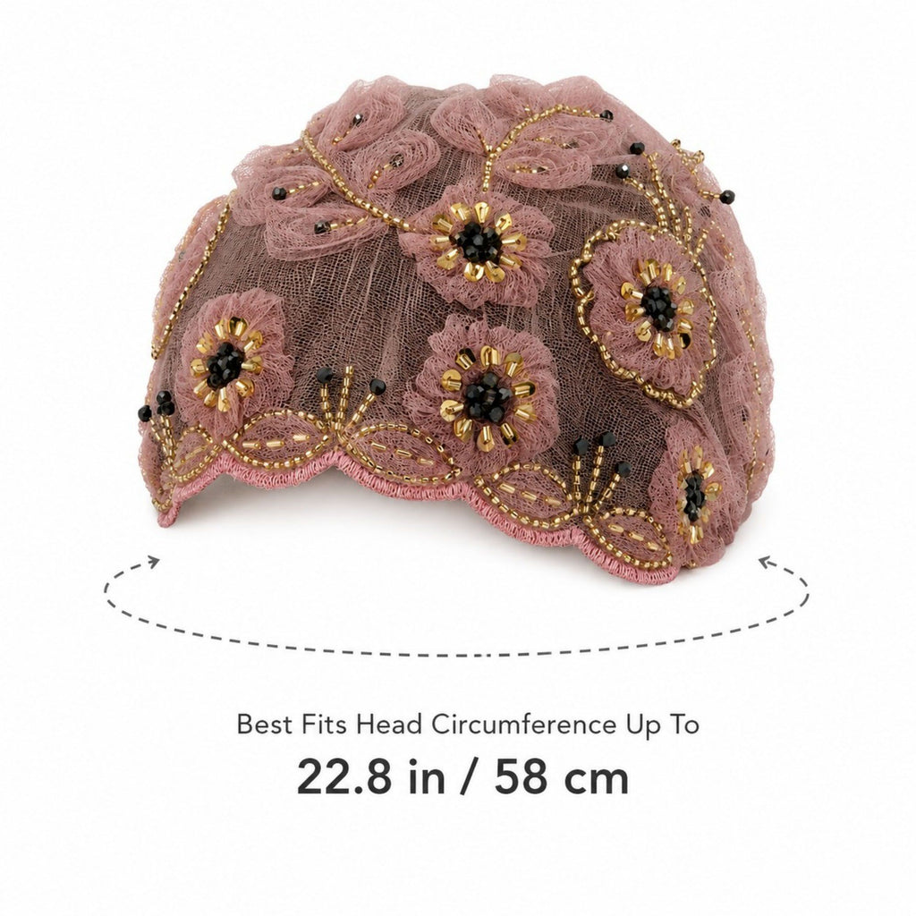 Floral Beaded Mesh Cloche Cap with Scalloped Trim