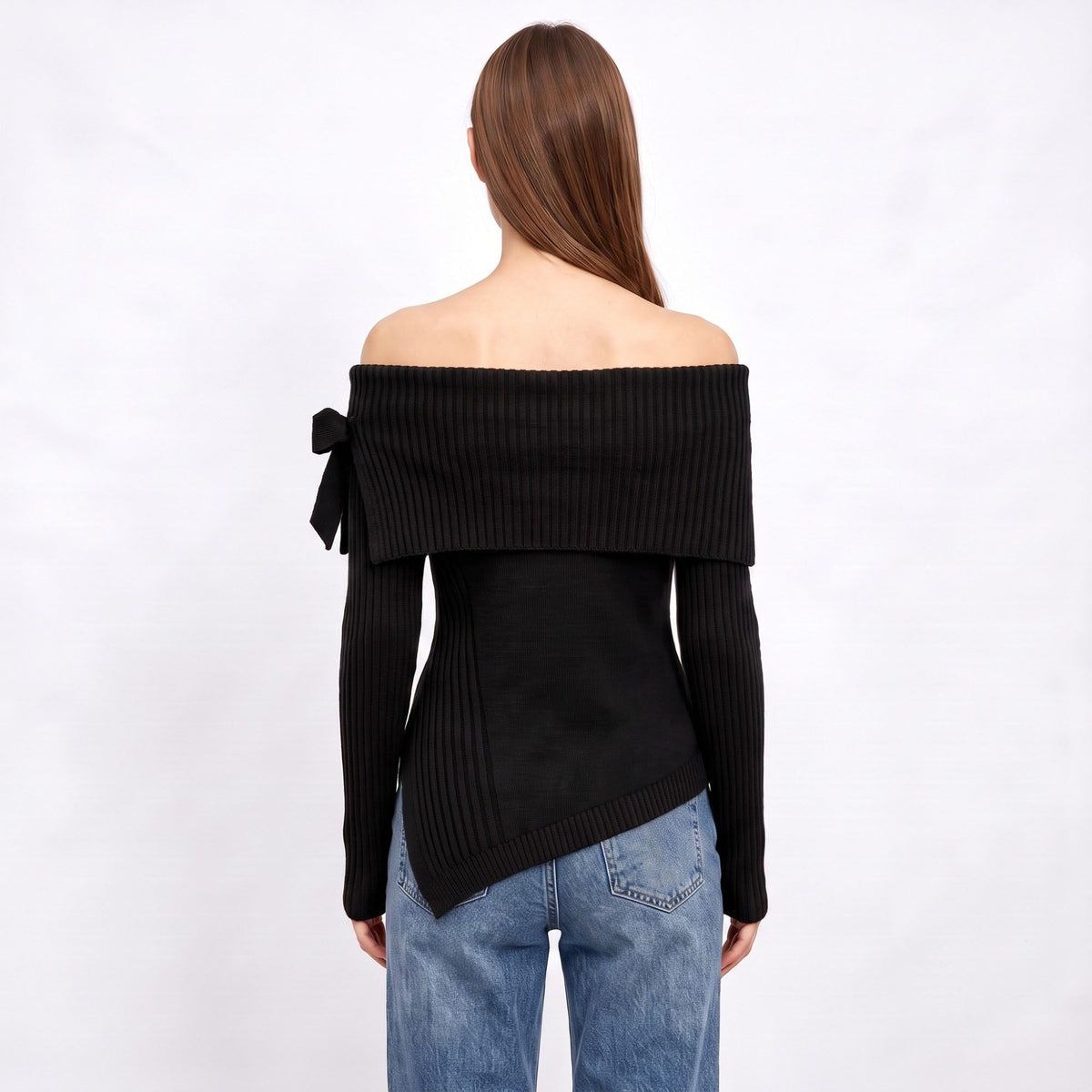 Off Shoulder Bow Asymmetrical Knit Sweater