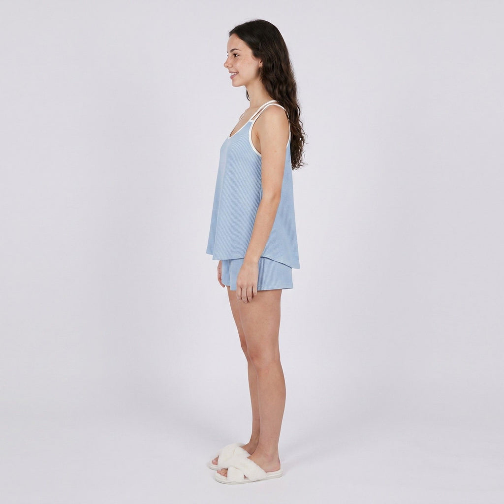 Anna-Kaci Women's 2-Piece Set Waffle Knit Cami Top and Shorts with Contrast Trim Cross Back Straps