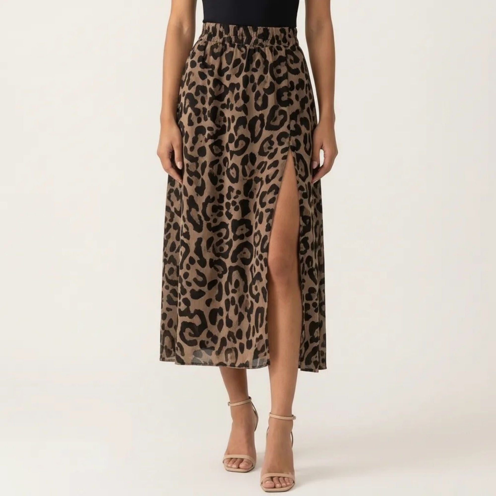 Anna-Kaci Women's Leopard Print Midi Skirt High Waist Elastic Waist Side Slit Flowy A Line Skirt
