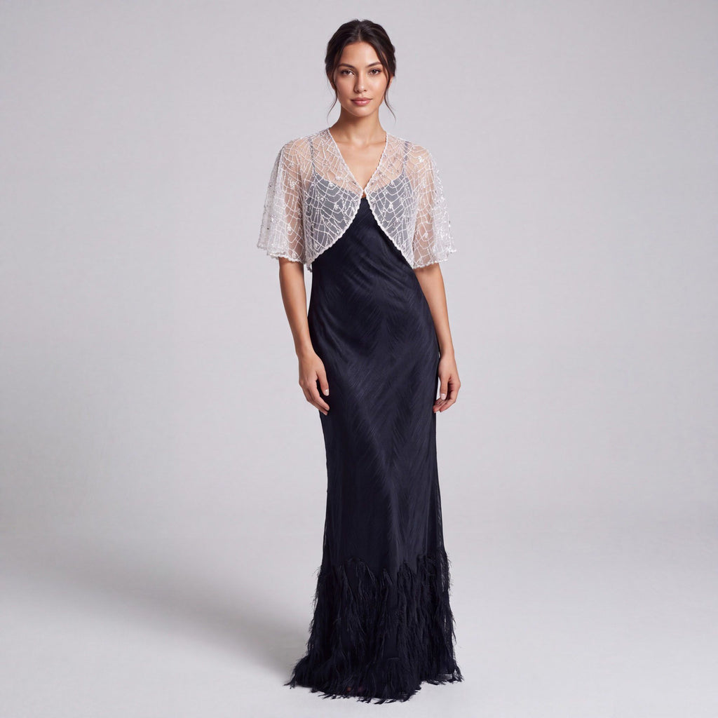 Sheer Sequin Embroidered Mesh Capelet Shrug with Scalloped Edge and Draped Short Sleeves