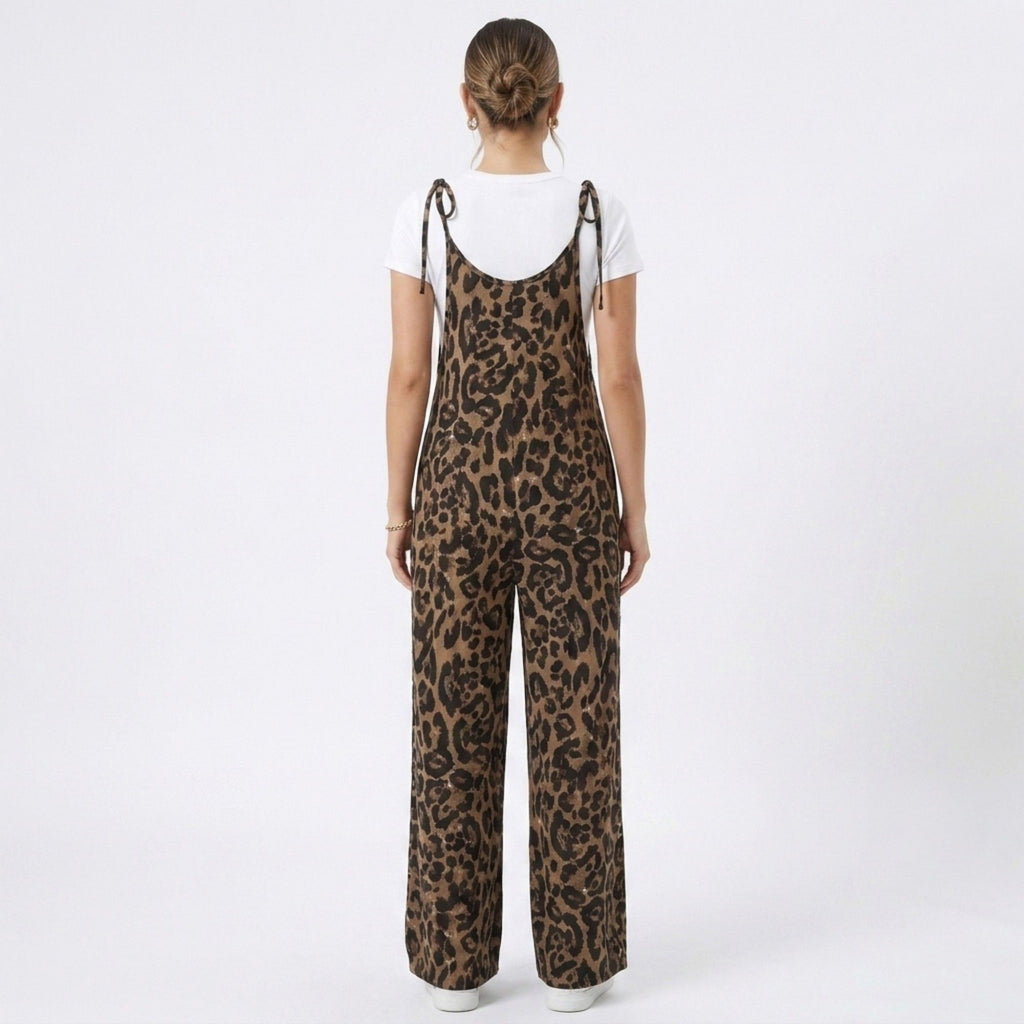 Anna-Kaci Women's Maternity Leopard Print Wide Leg Jumpsuit with Tie Shoulder Straps and Layered Tee Look