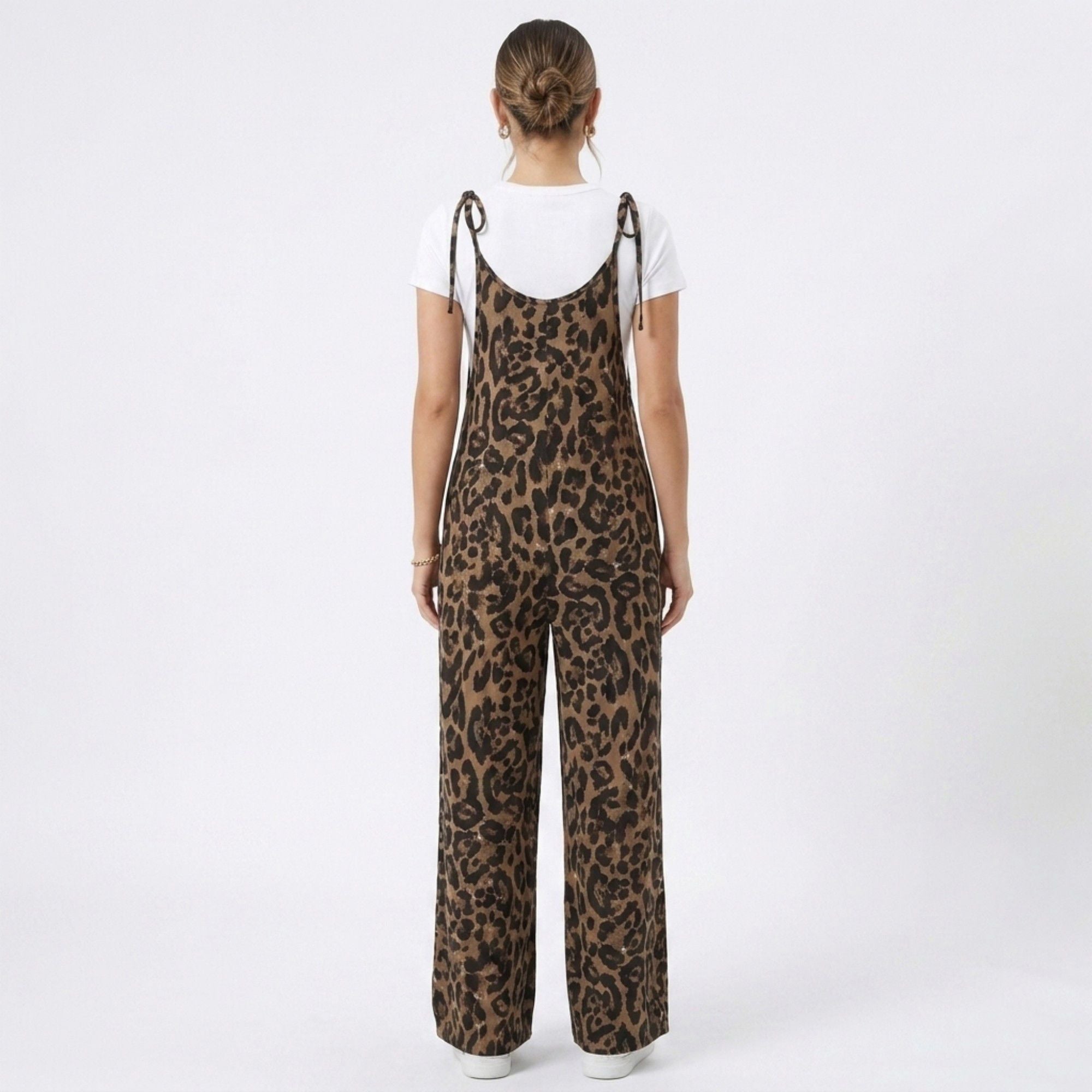 Anna-Kaci Women's Maternity Leopard Print Wide Leg Jumpsuit with Tie Shoulder Straps and Layered Tee Look