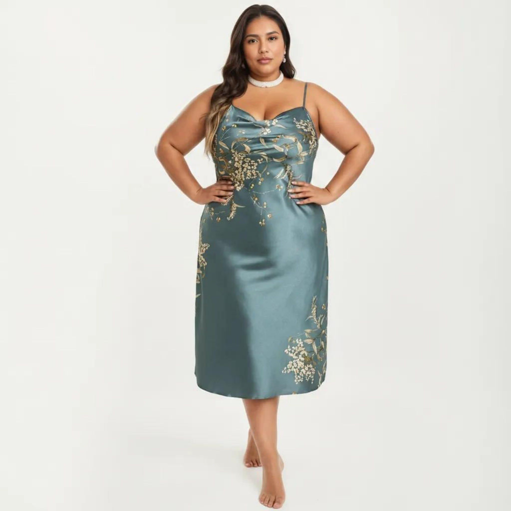 Anna-Kaci Lounge Women's Plus Size Satin Floral Slip Nightgown with Adjustable Spaghetti Straps Cowl Neck Midi Length Sleepwear Dress