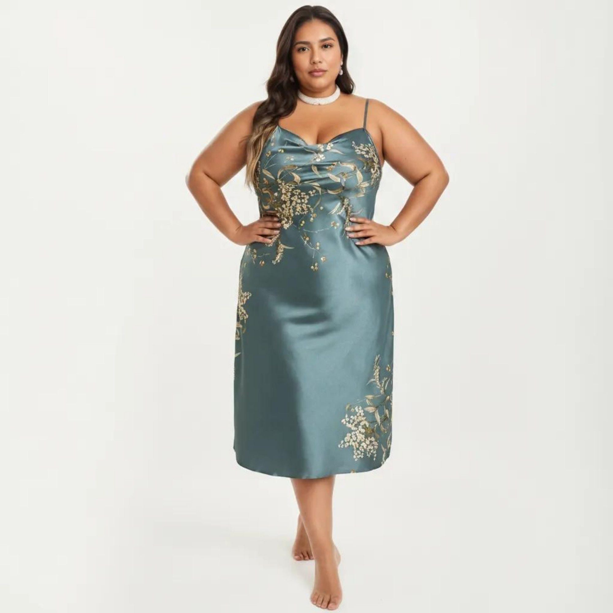 Anna-Kaci Lounge Women's Plus Size Satin Floral Slip Nightgown with Adjustable Spaghetti Straps Cowl Neck Midi Length Sleepwear Dress
