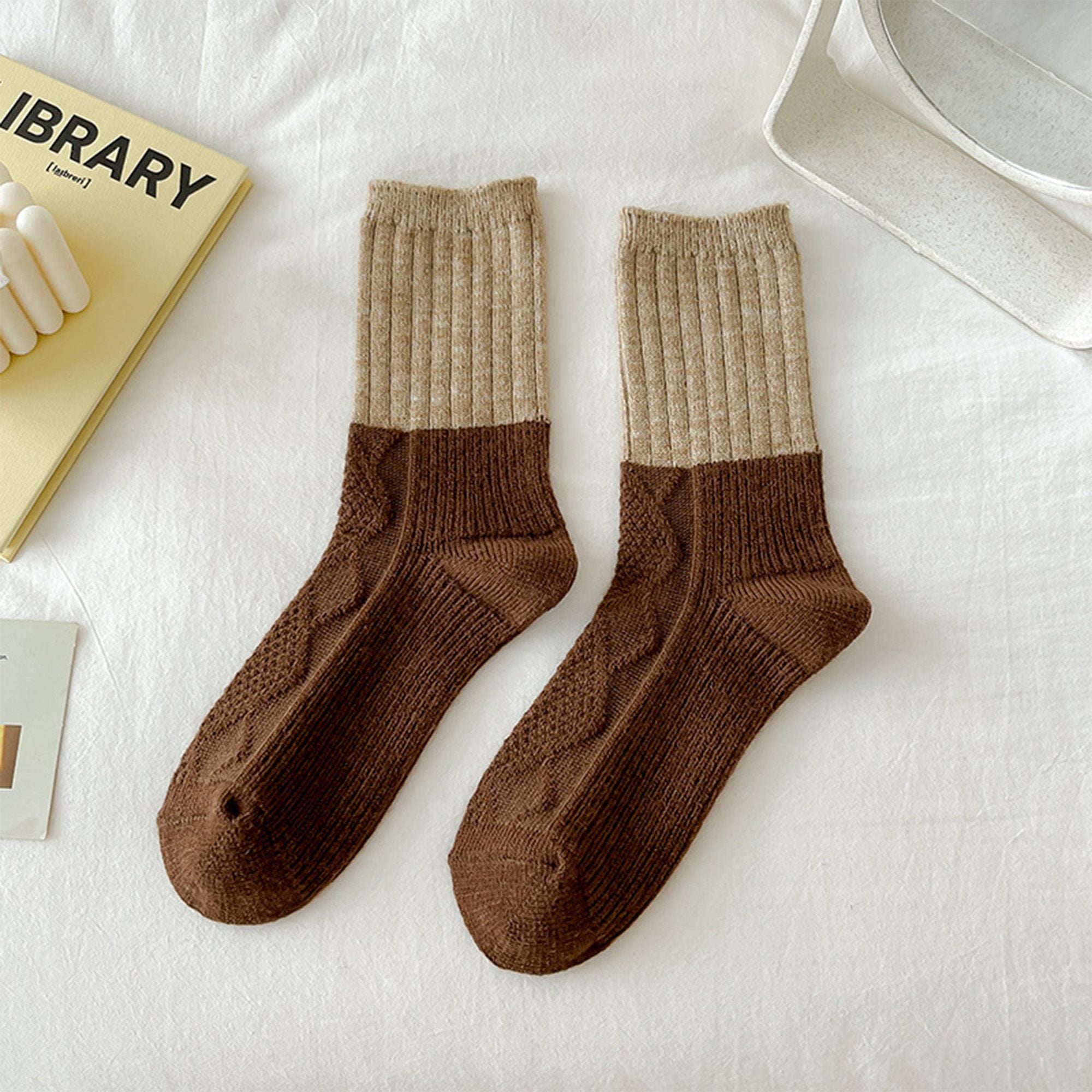 Anna-Kaci 3-PC Ribbed Crew Socks with Color Block Design Soft Knit Texture Comfortable Everyday Fit Single Pair