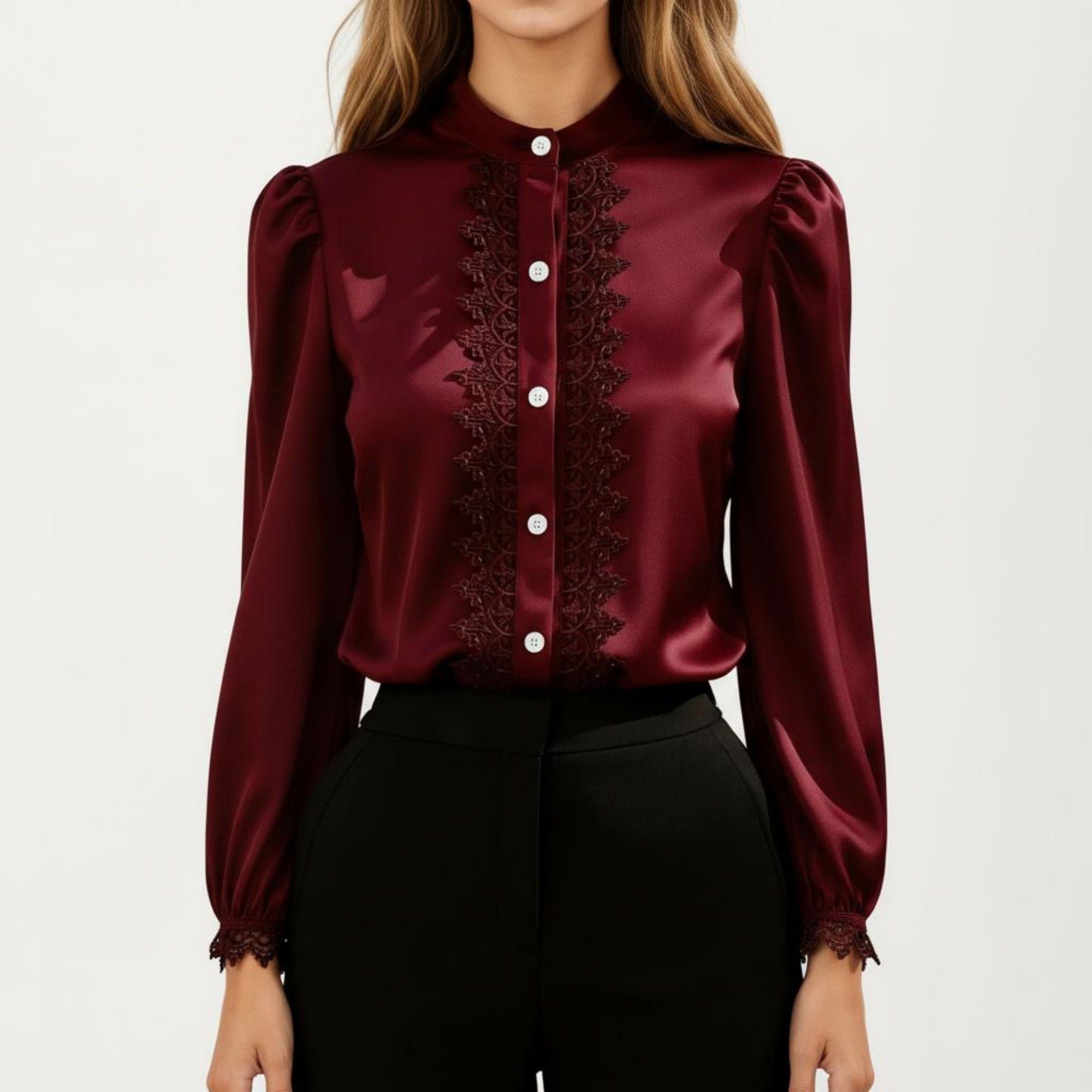Anna-Kaci Women's Long Sleeve Blouse with Lace Trim Front and Puff Sleeve Cuffs