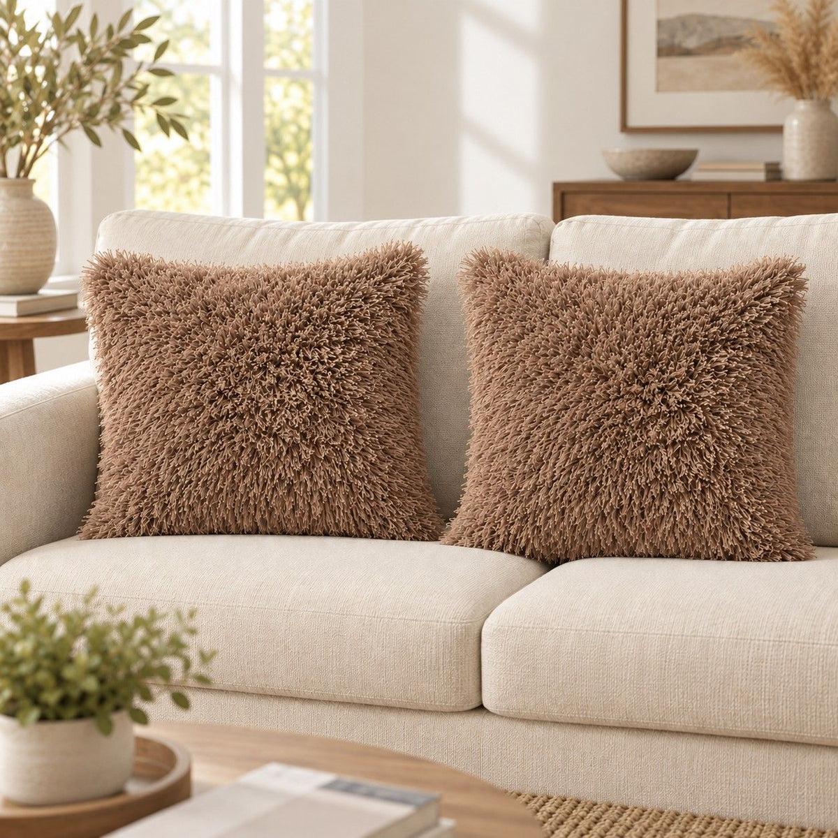 2 Pack Shaggy Faux Fur Throw Pillow Covers 18 x 18 Inch for Couch Sofa and Bed