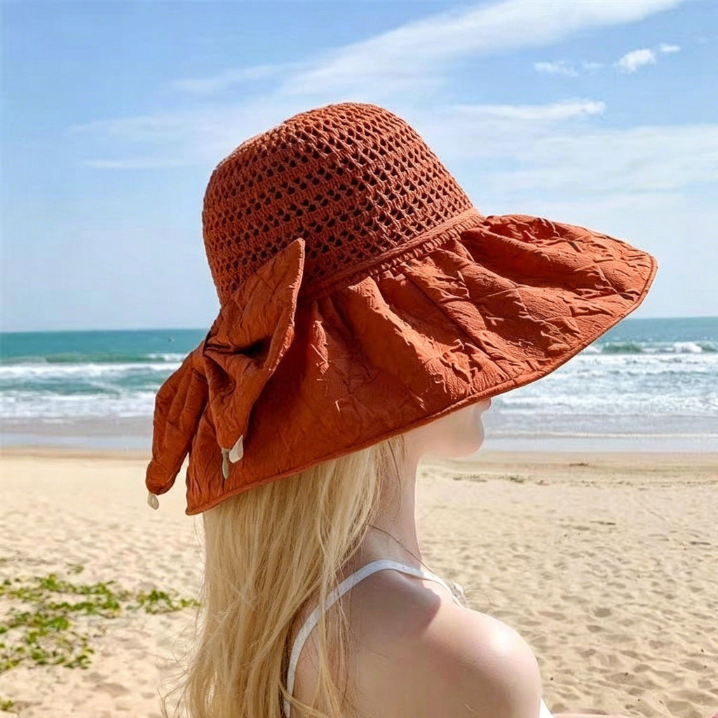 Wide Brim Crochet Sun Hat with Bow Accent and Textured Fabric Brim