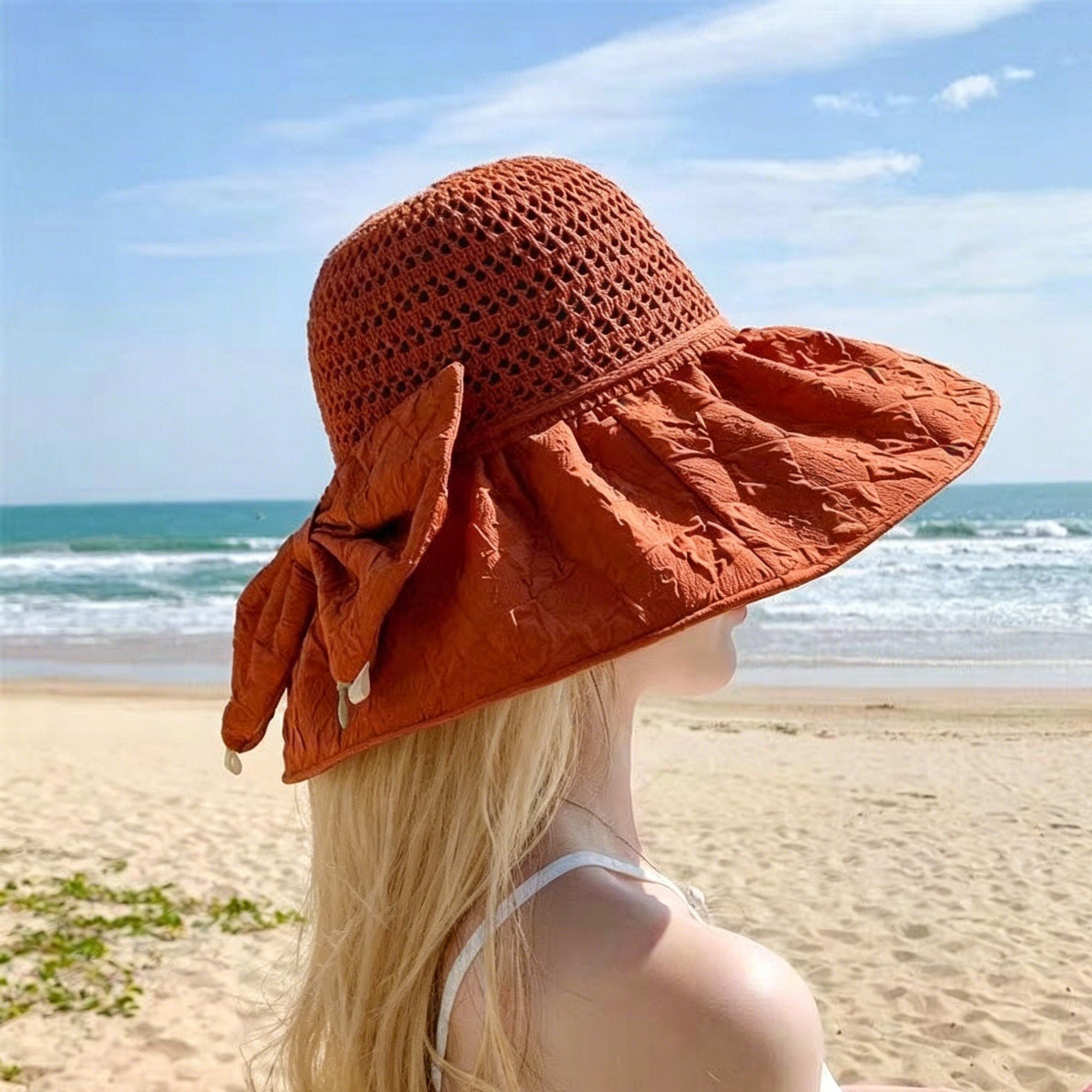Wide Brim Crochet Sun Hat with Bow Accent and Textured Fabric Brim