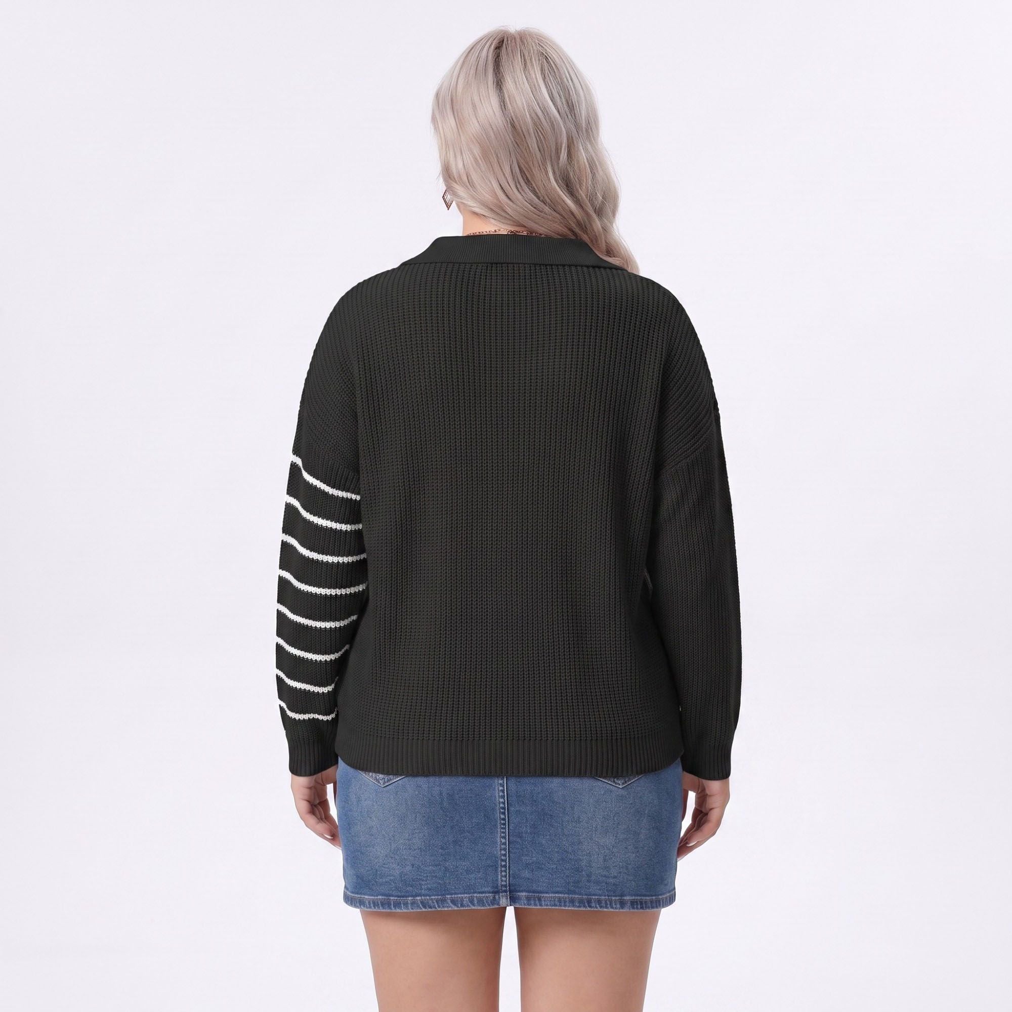 Plus Size Striped Johnny Collar Knit Sweater
