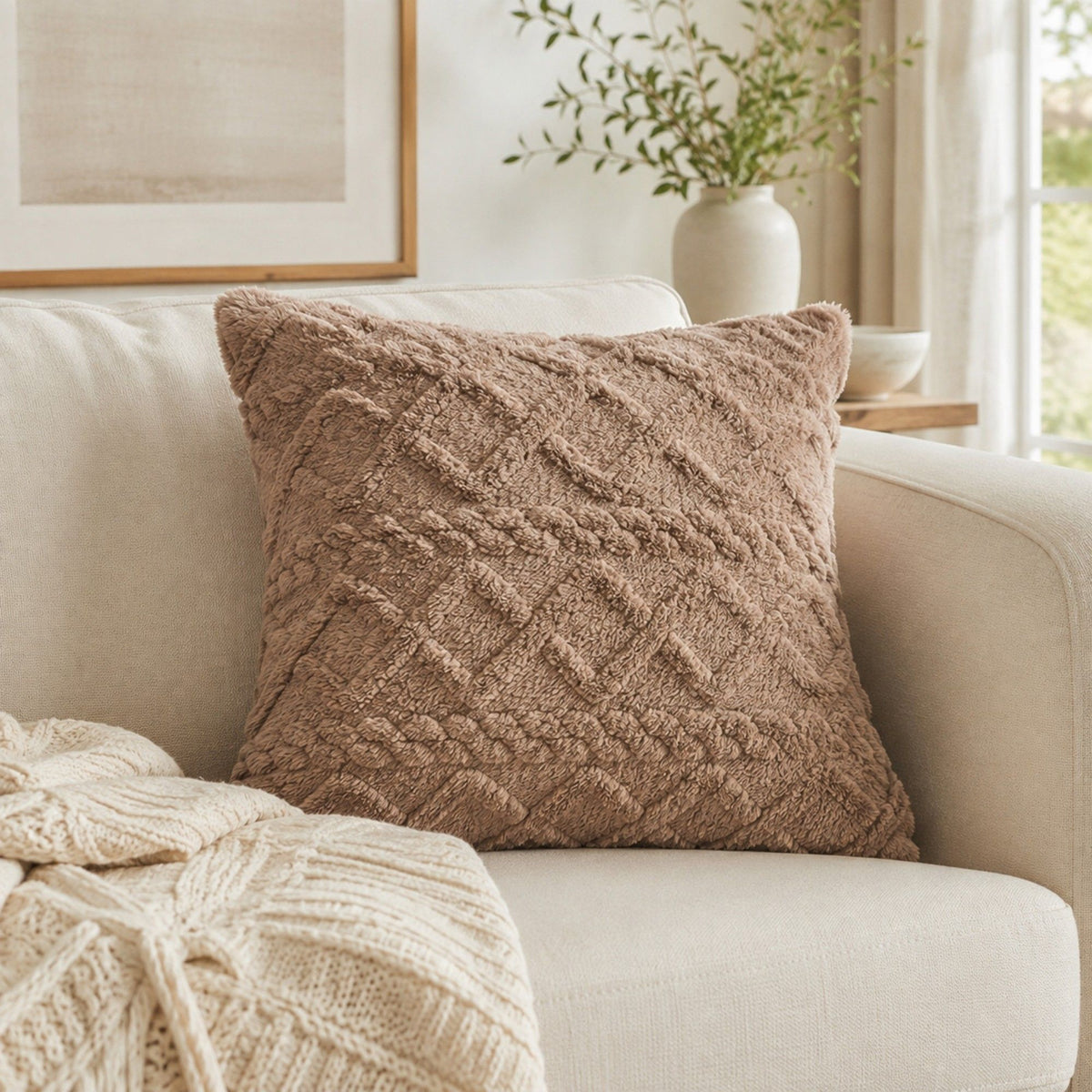 Plush Textured Jacquard Throw Pillow Cover Square Decorative Cushion Cover