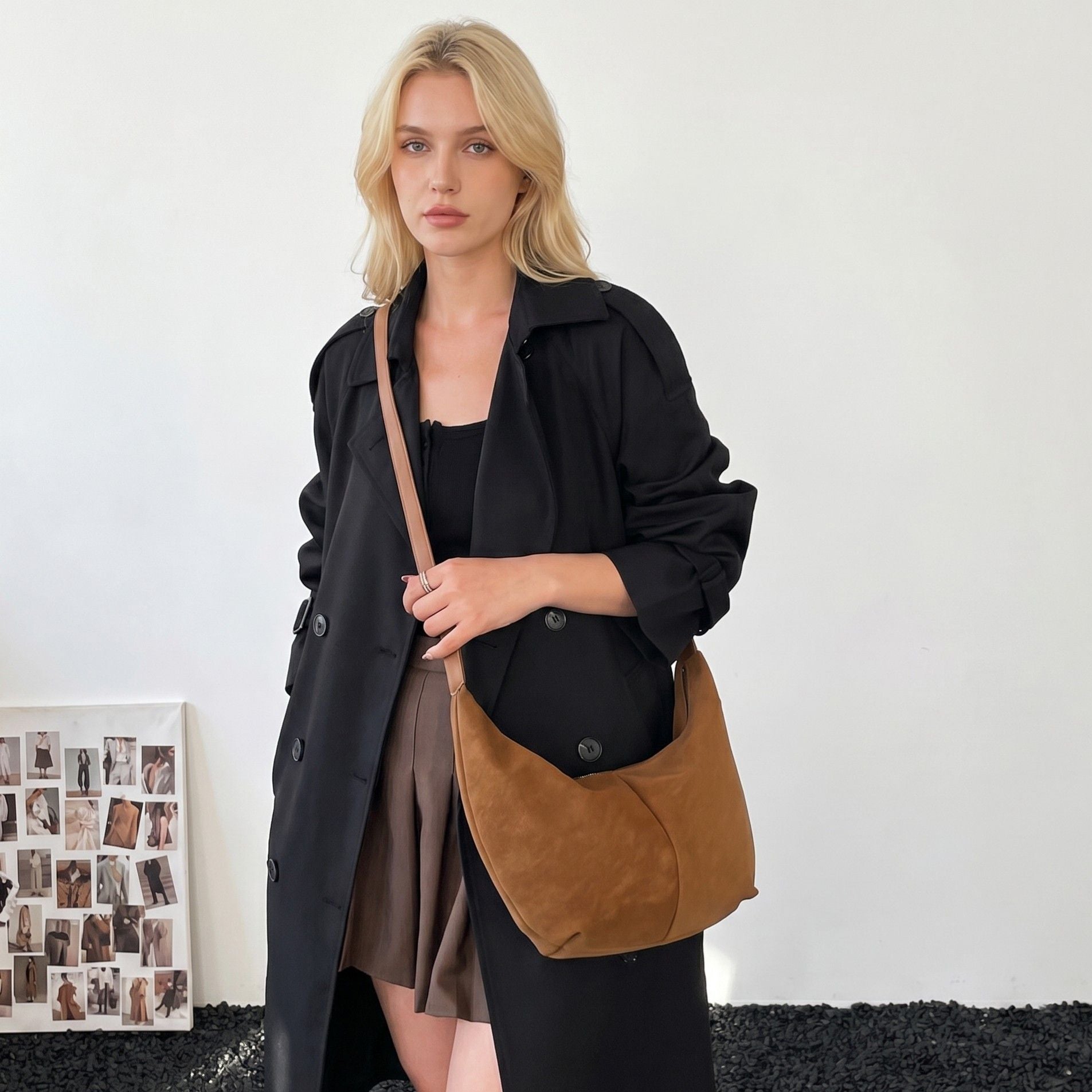 Soft Faux Leather Crescent Shoulder Bag Adjustable Strap Slouchy Everyday Crossbody Purse