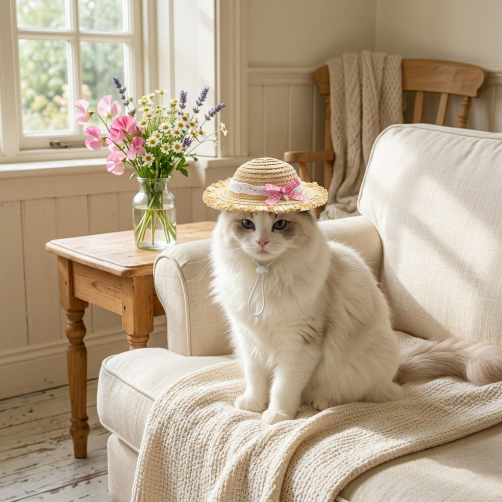 Pet Straw Sun Hat with Lace Trim Bow Adjustable Chin Strap Summer Costume Hat for Cats and Small Dogs