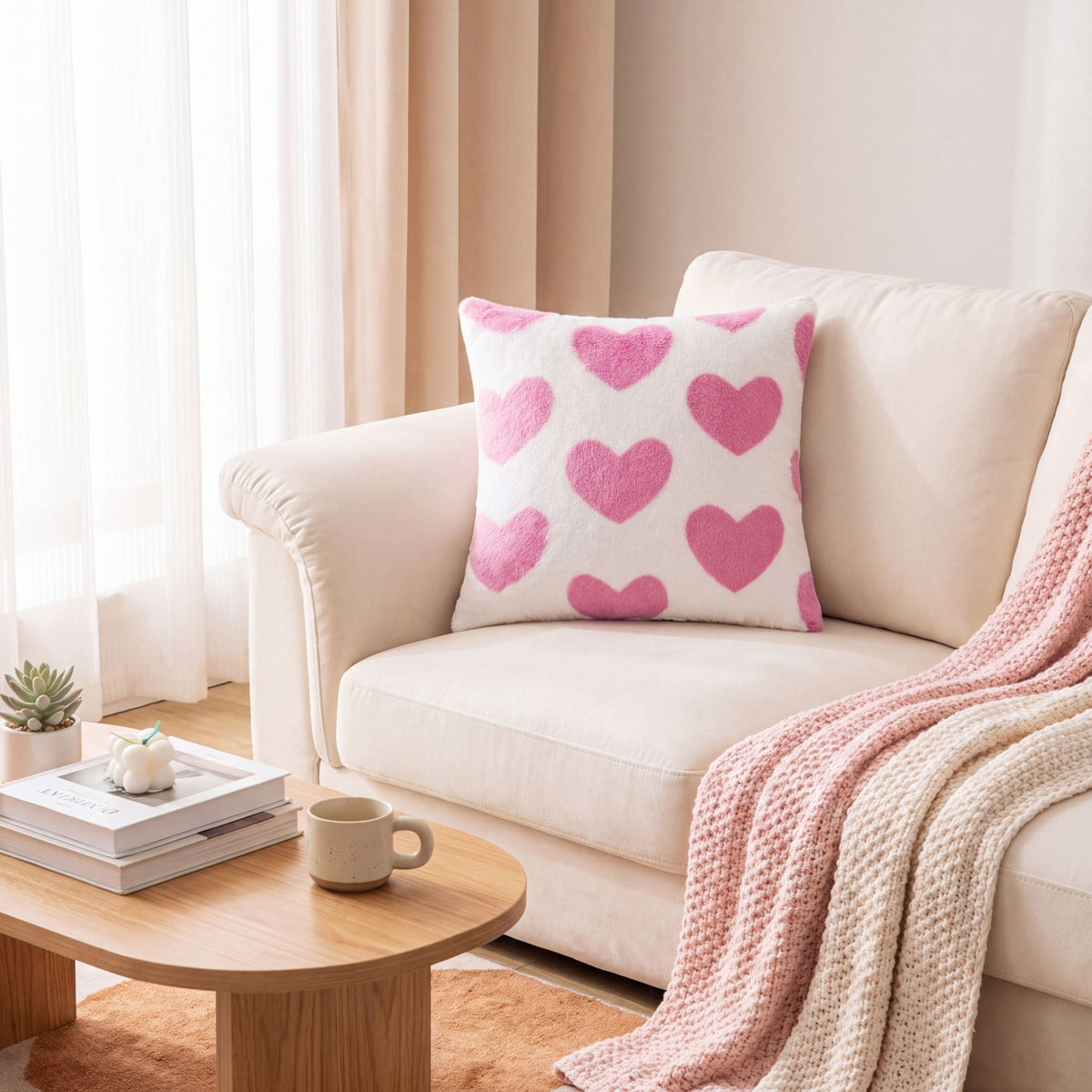 Pink Heart Plush Throw Pillow Cover Decorative Square Cushion Cover for Sofa Couch Bed