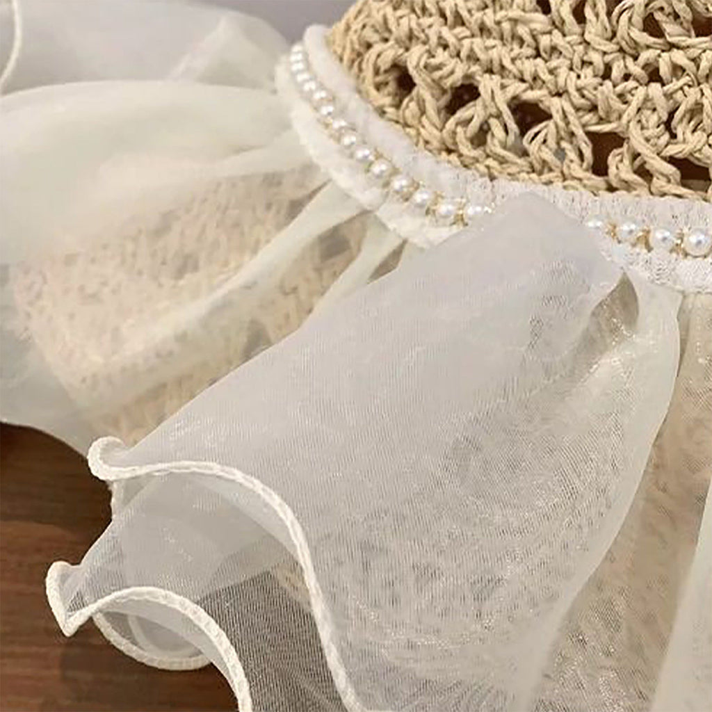 Crochet Sun Hat with Sheer Ruffle Wide Brim and Pearl Trim Detail
