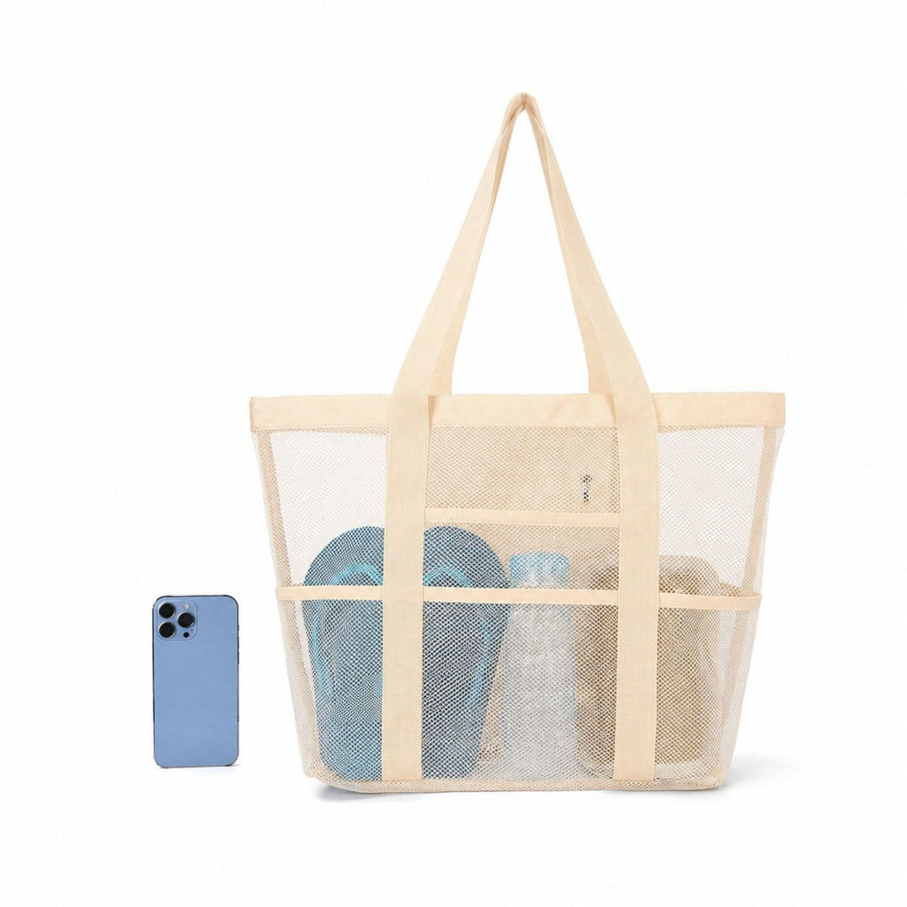 Mesh Beach Tote Bag Large Capacity Travel Shoulder Bag with Exterior Pockets Zipper Top Organizer