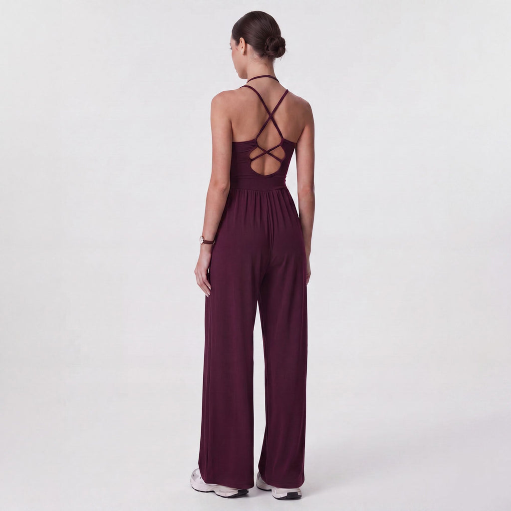 Sleeveless Halter Neck Wide Leg Jumpsuit with Ribbed Bodice Gathered Waist and Flowy Pants
