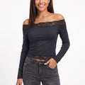 Off-the-Shoulder Lace Trim Long Sleeve Crop Top