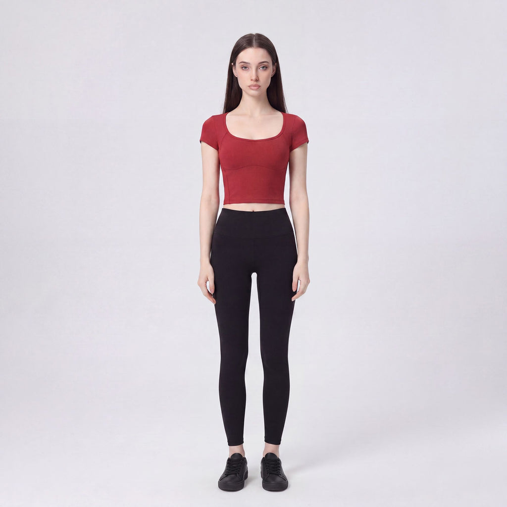 Short Sleeve Cropped Yoga Top with Built In Padding Scoop Neck Contoured Seam Activewear T Shirt