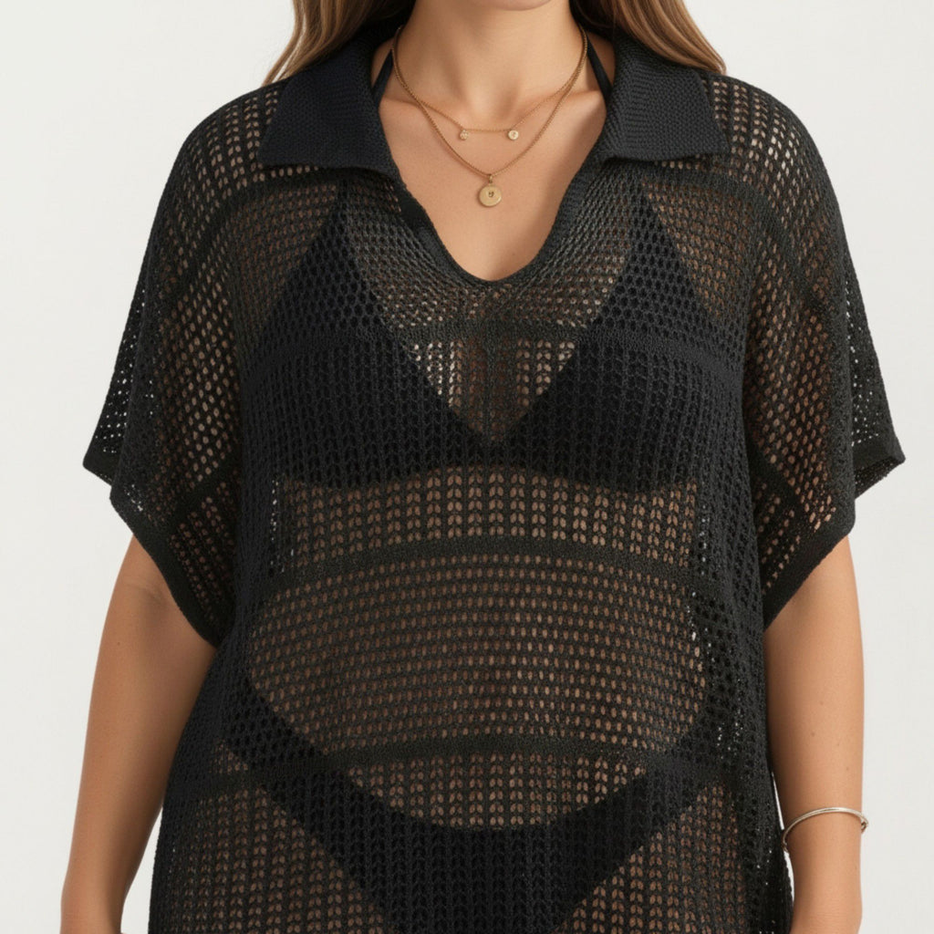 Anna-Kaci Women's Mesh Swim Cover Up Dress with Open Knit Design Collared Neckline Short Sleeves Relaxed Fit