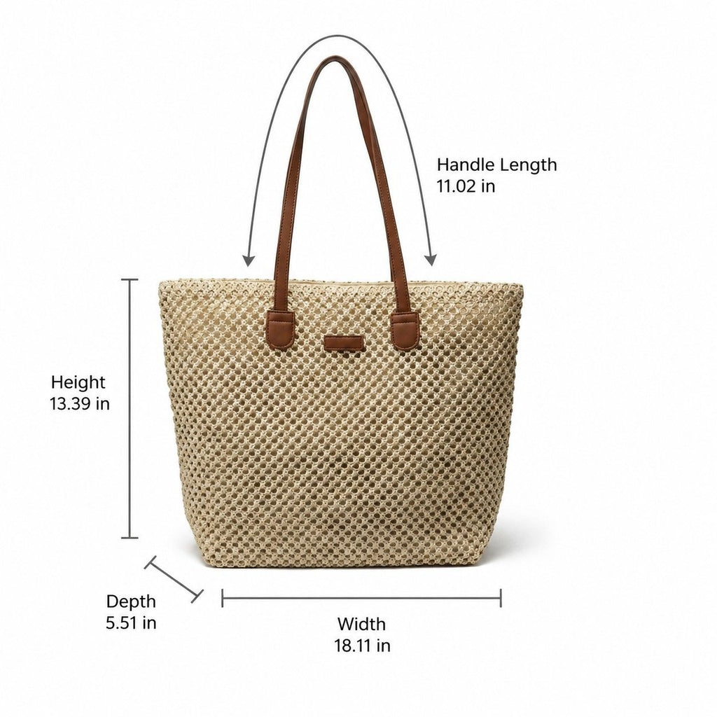 Woven Straw Tote Bag Faux Leather Handles Large Capacity Shoulder Handbag for Everyday Use