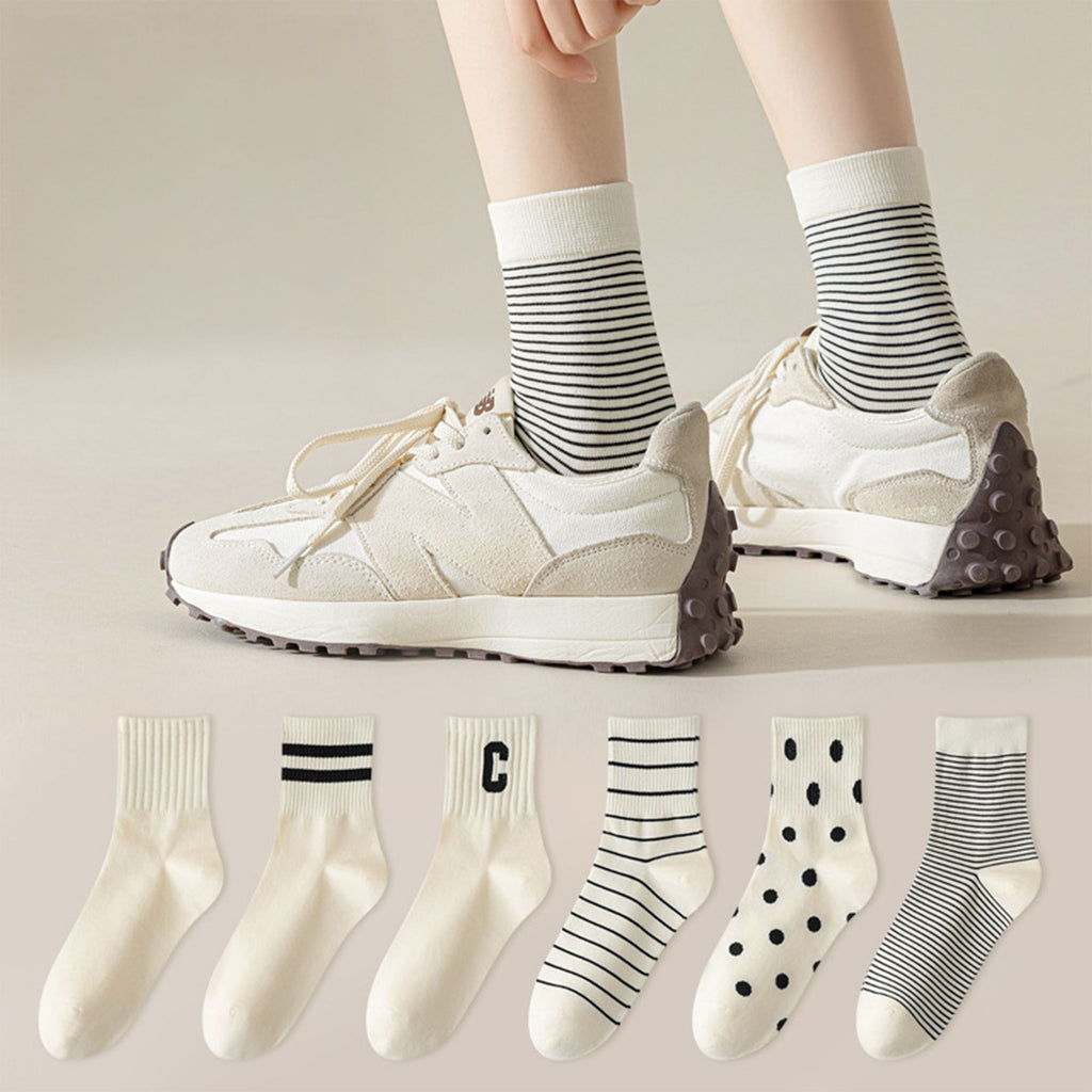 Anna-Kaci 3 Pairs Women's Crew Socks in Cotton Blend Ribbed Cuff Assorted Stripes Dots Letter Graphic Print Design