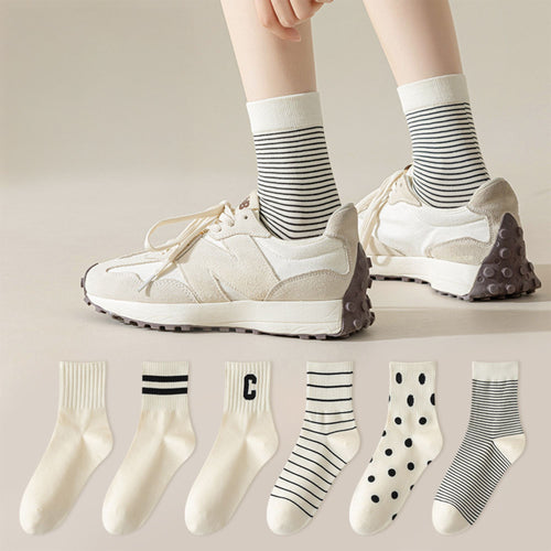 Anna-Kaci 3 Pairs Women's Crew Socks in Cotton Blend Ribbed Cuff Assorted Stripes Dots Letter Graphic Print Design