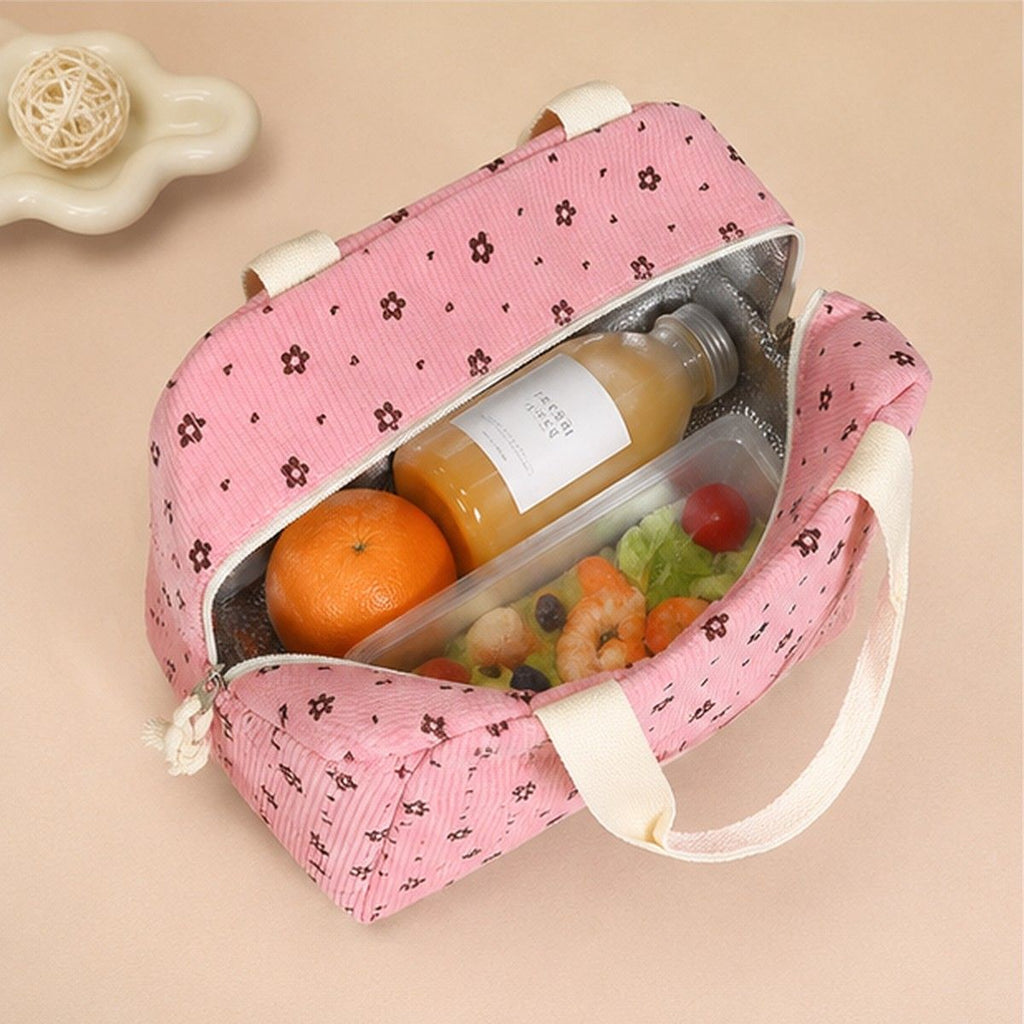 Floral Corduroy Insulated Lunch Tote Bag with Front Pocket and Zip Closure