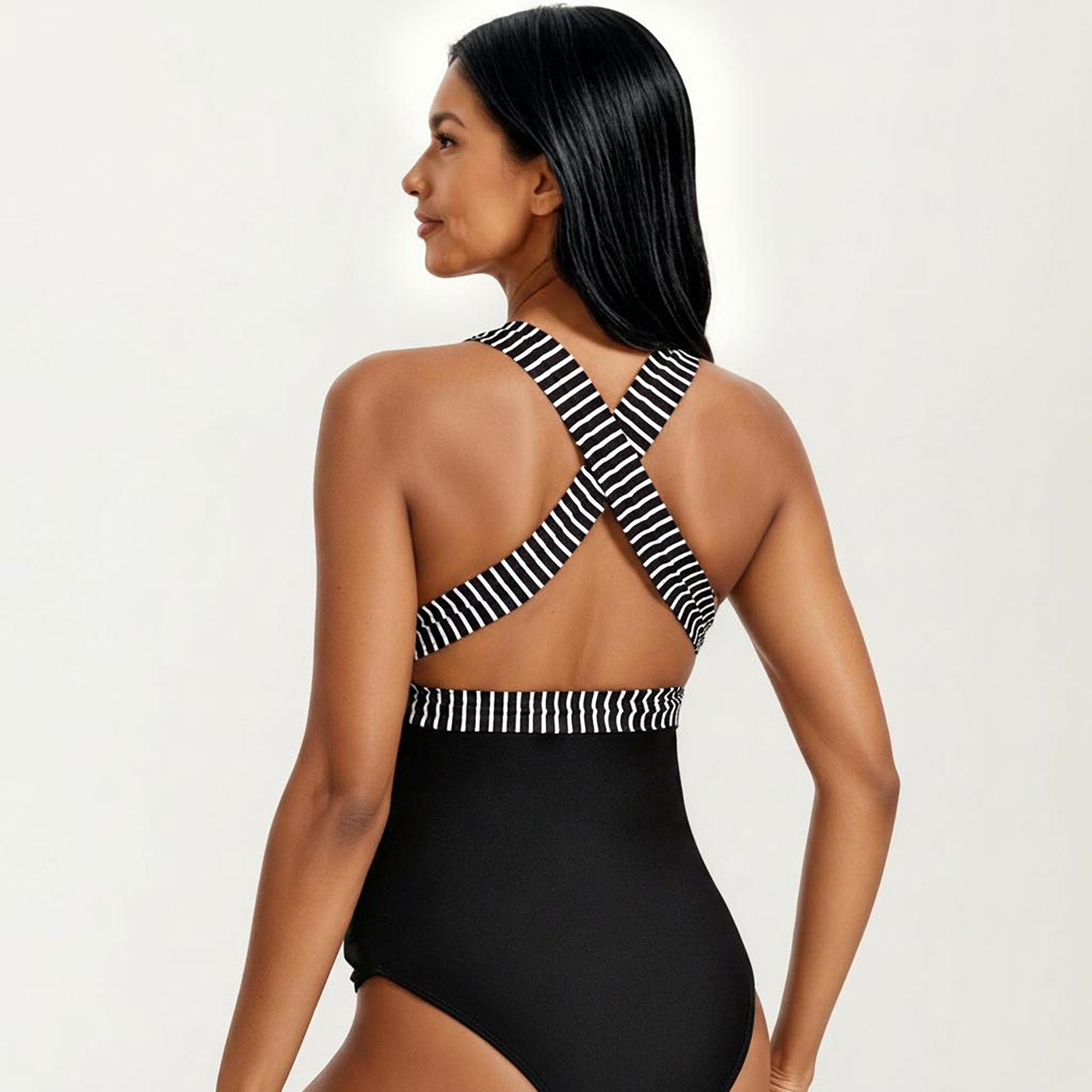 Anna-Kaci Swim Women's Maternity Striped One-Piece Swimsuit with Tie Waist and Deep V-Neckline