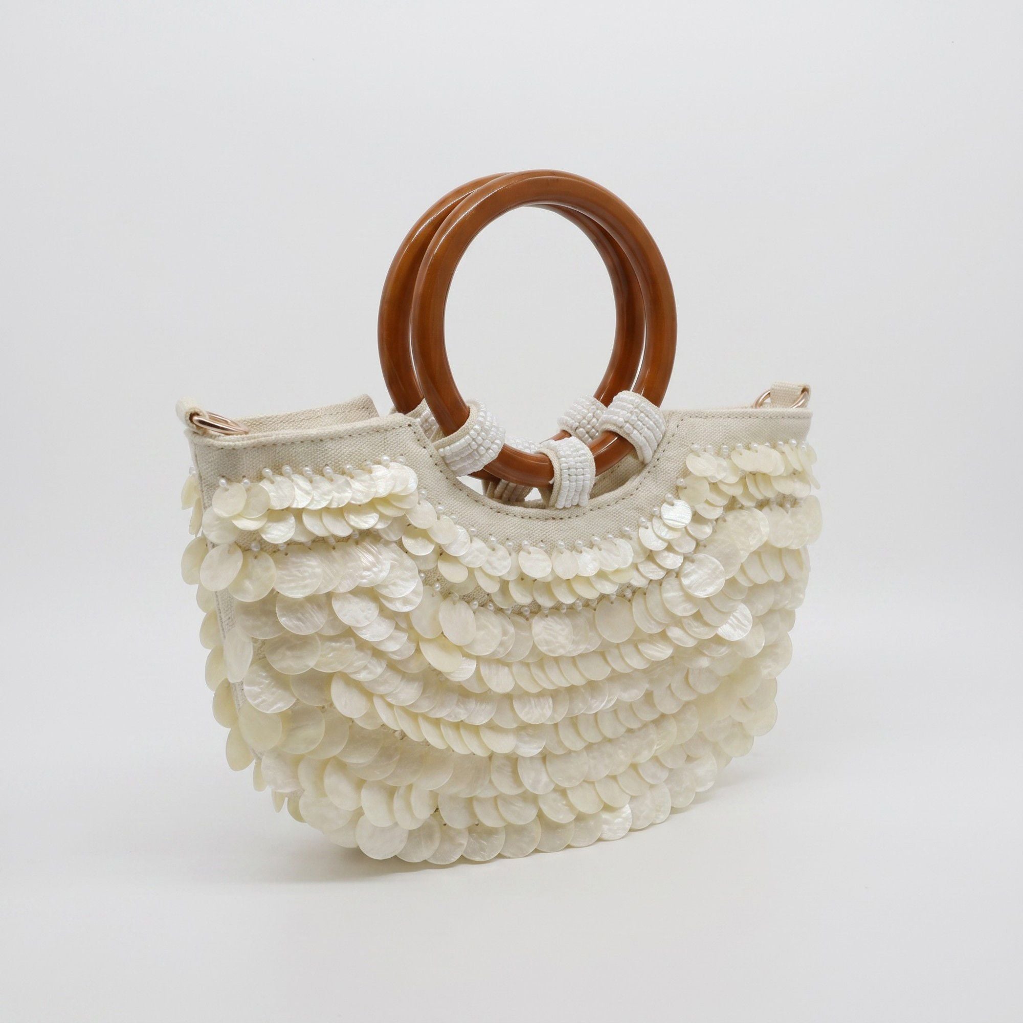 Shell Disc Embellished Top Handle Bag with Beaded Details Round Handle Structured Handbag 11.5x7.5x1 in