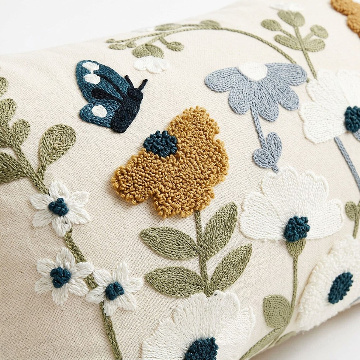 Embroidered Floral Butterfly Lumbar Decorative Throw Pillow Cover