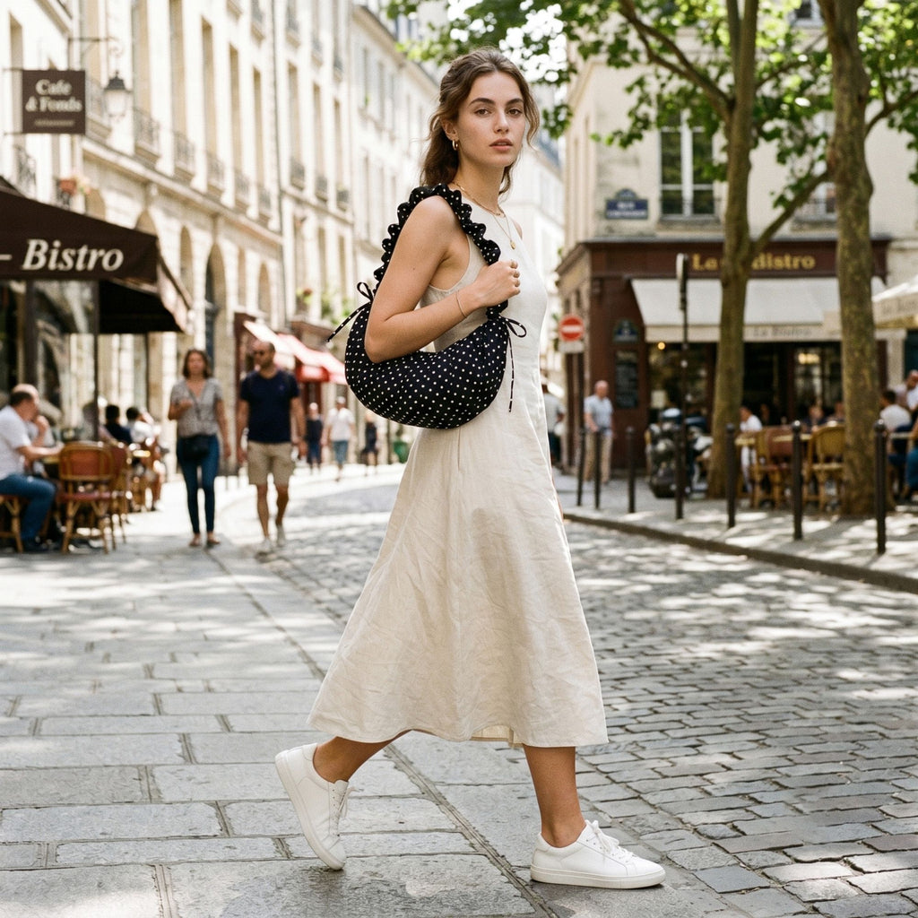 Polka Dot Ruched Shoulder Bag with Soft Slouchy Shape