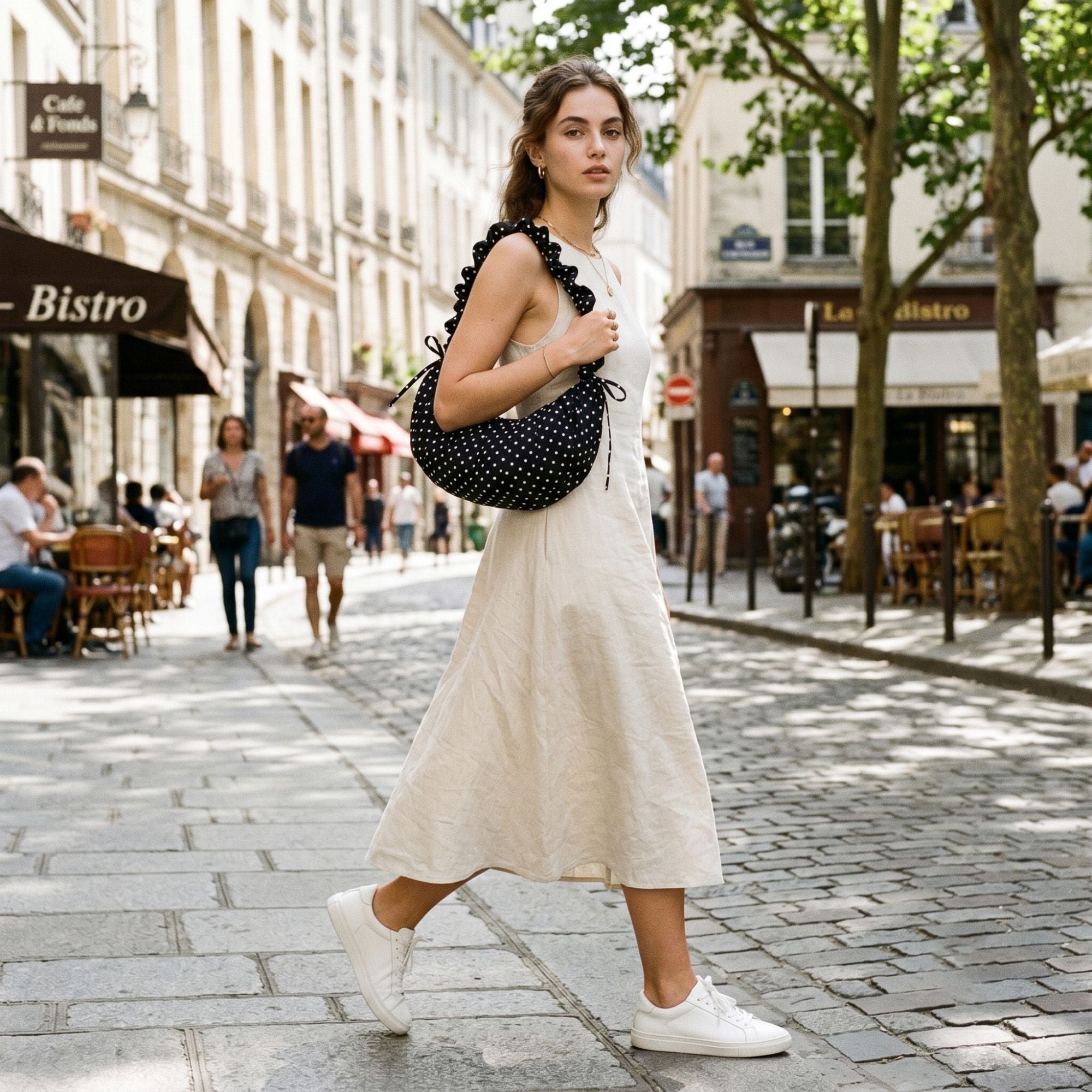 Polka Dot Ruched Shoulder Bag with Soft Slouchy Shape