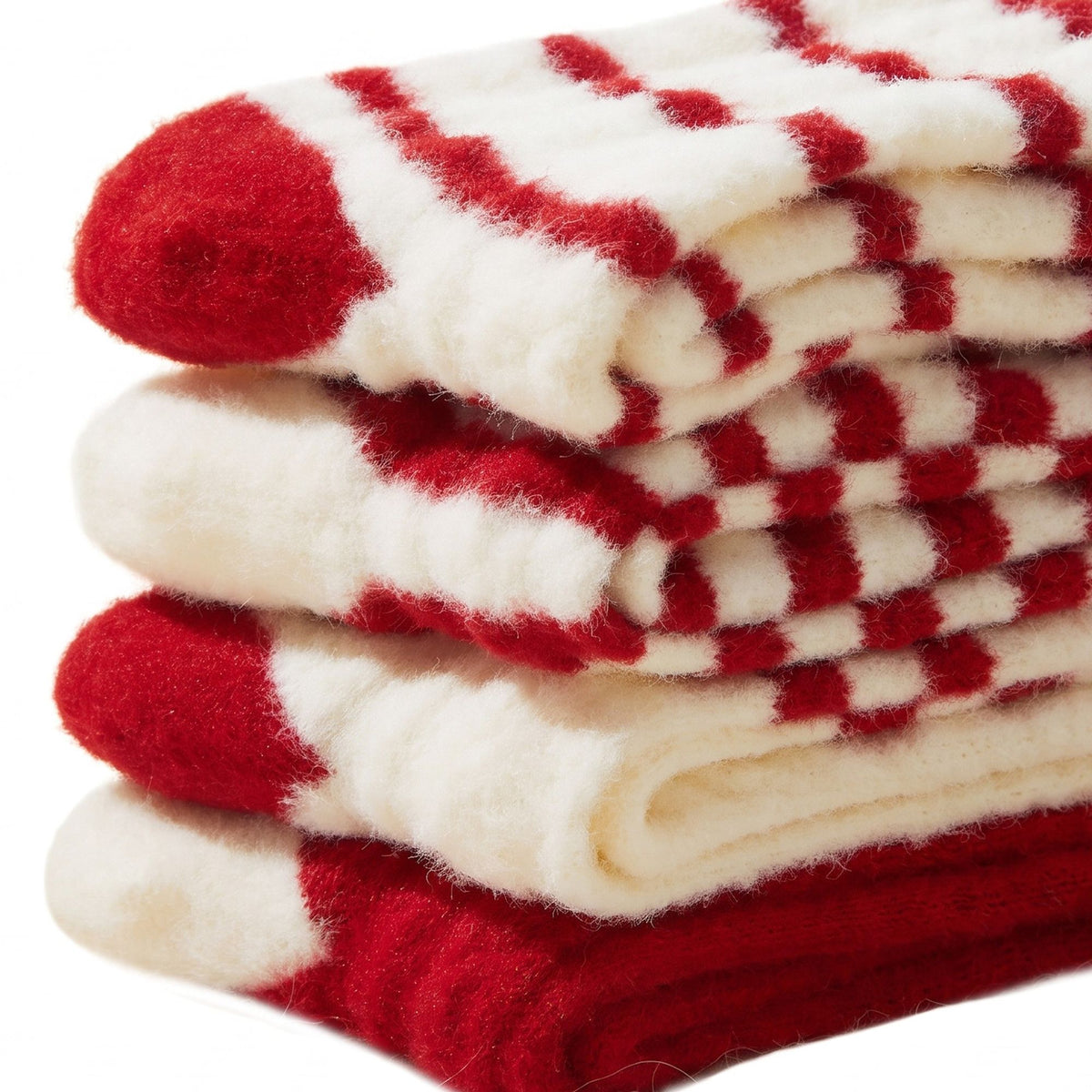 5-Pair Festive Holiday Cable Knit Crew Socks Set with Fuzzy Red Accents and Embroidery