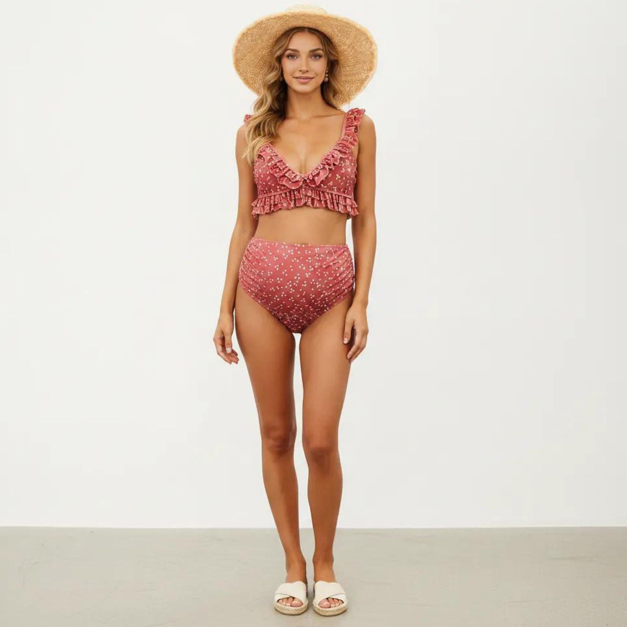 Anna-Kaci Swim Women's Ruffled Maternity Bikini Set with High-Waisted Bottoms and Polka Dot Print