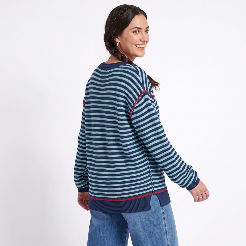 Striped Contrast Trim Drop Shoulder Long Sleeve Knit Sweater