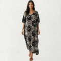 Tan women's maxi dress with geometric, woven and v neck