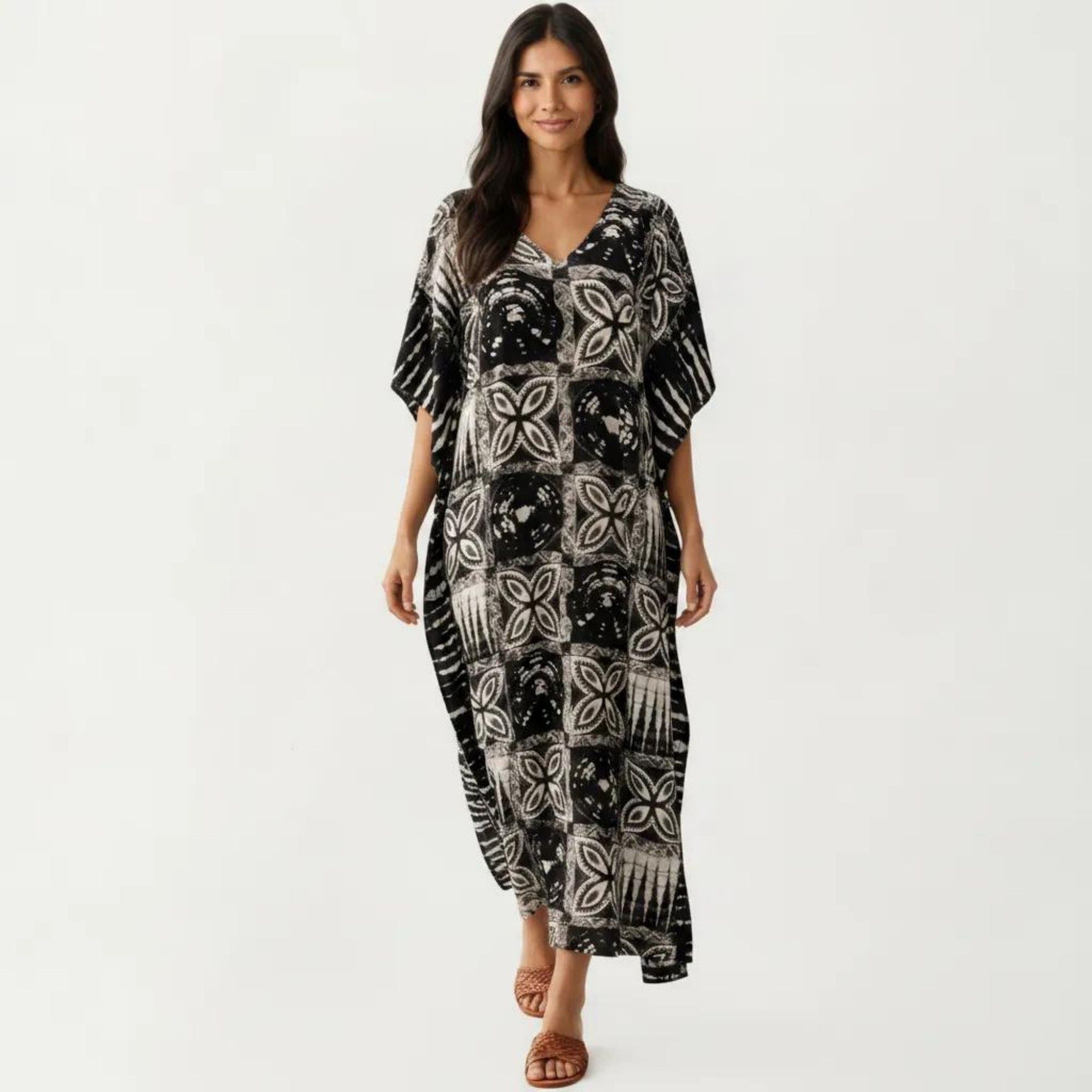 Anna-Kaci Women's Geometric Print Maxi Caftan Dress with V-Neckline Relaxed Fit and Draped Silhouette
